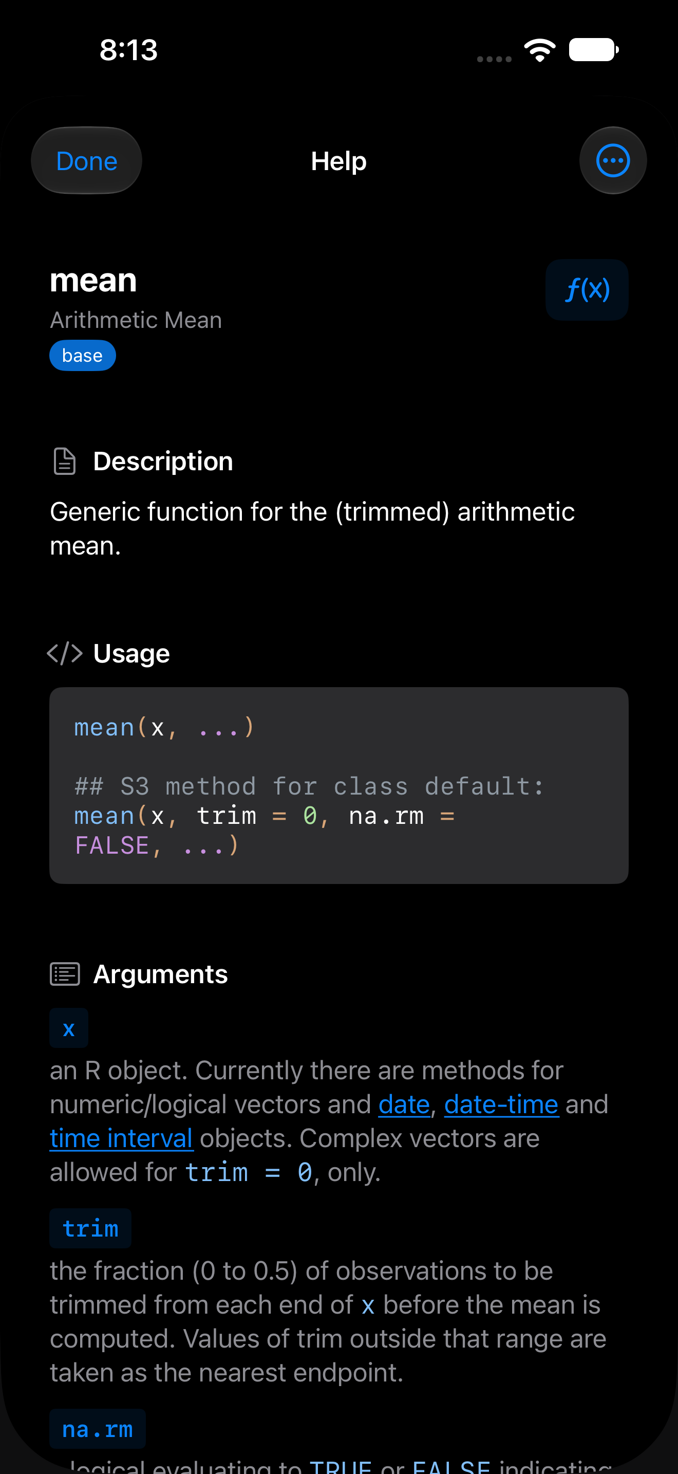 Help page for the mean function opened from the Console on iPhone in dark mode
