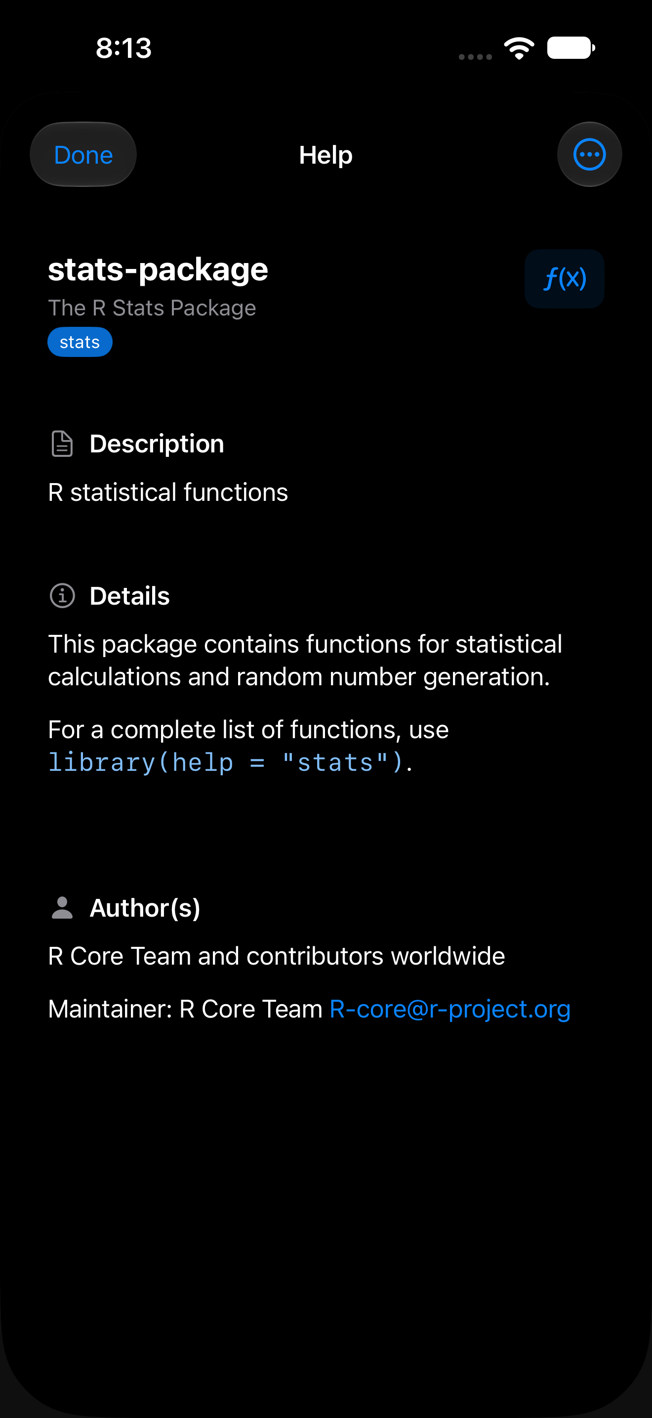 Package index page listing a package's functions on iPhone in dark mode