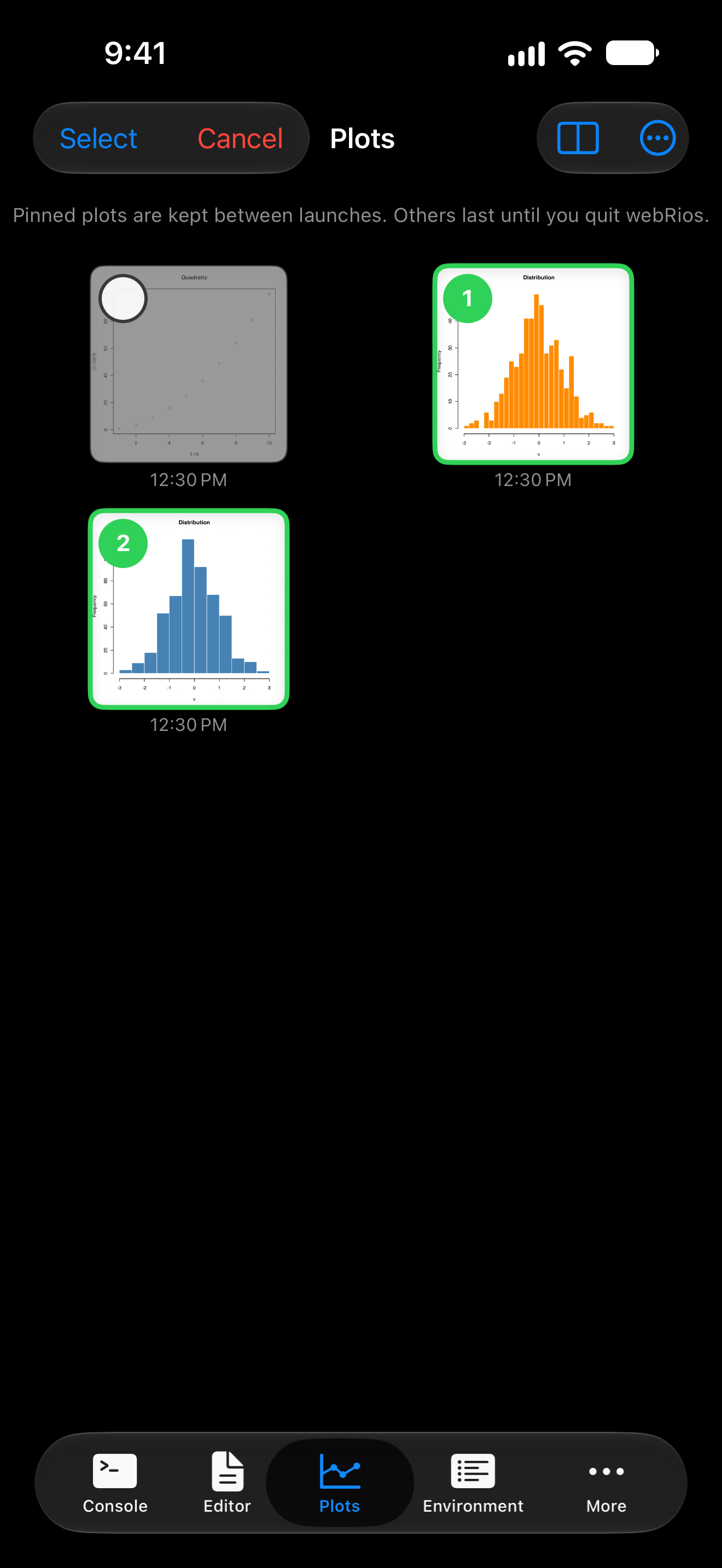 Two plots selected for comparison with numbered badges on iPhone in dark mode