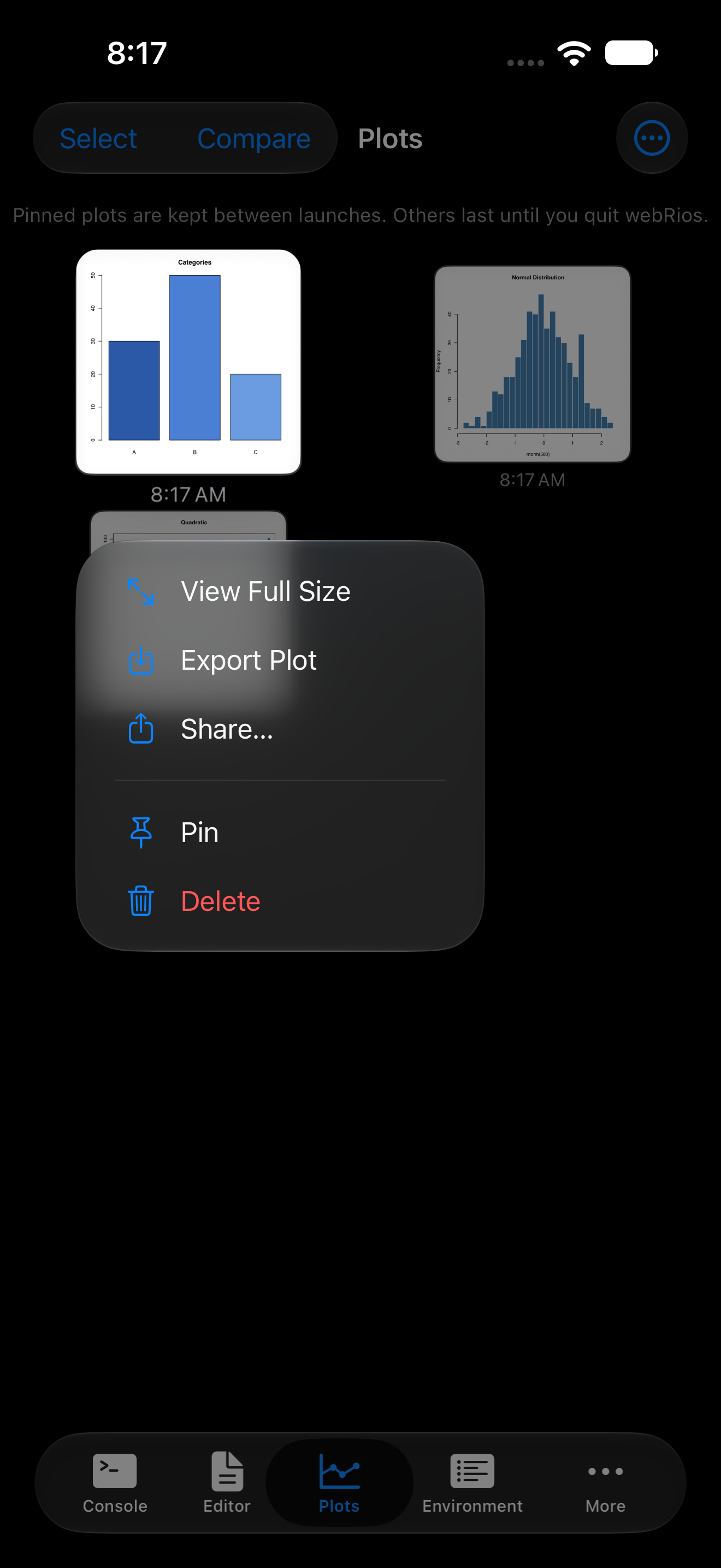 Long press context menu on a plot thumbnail showing Pin on iPhone in dark mode