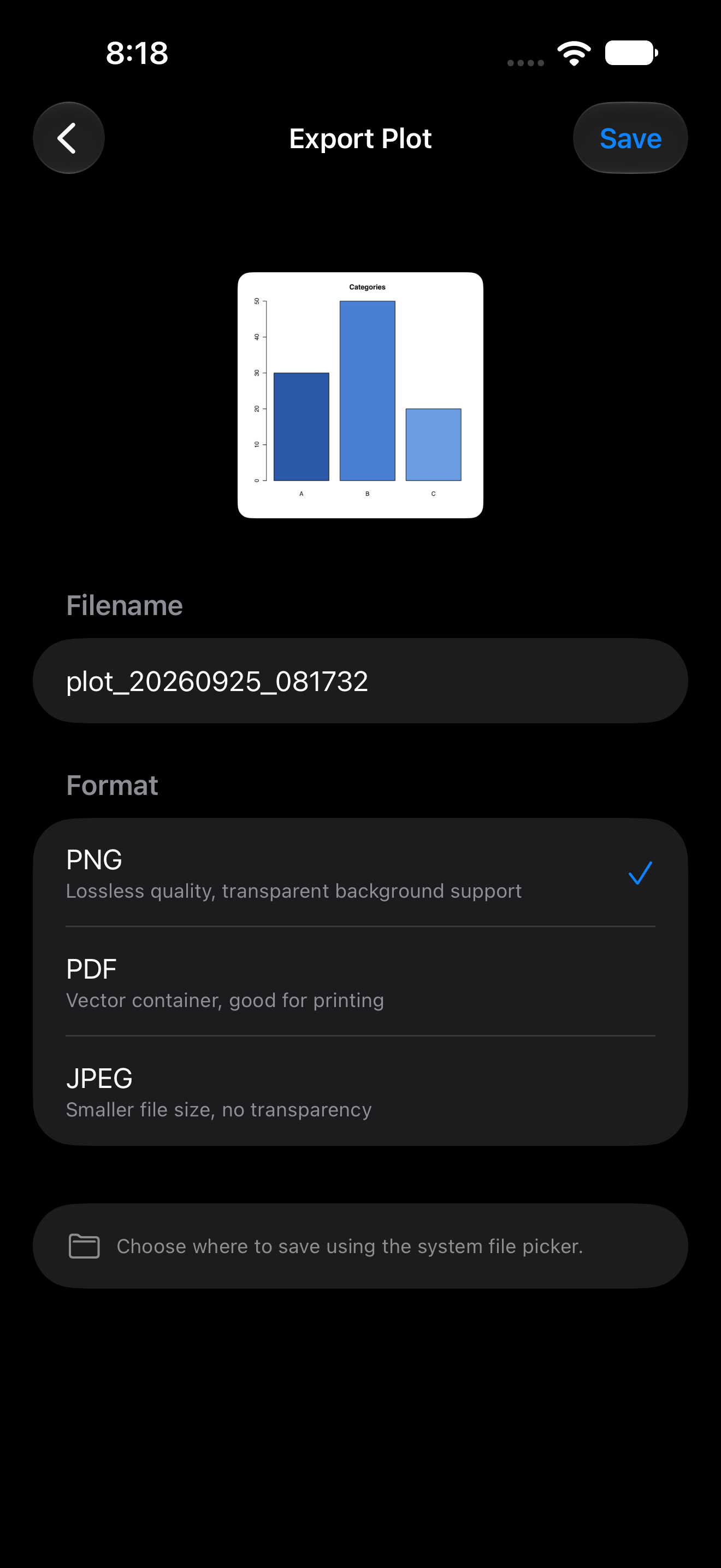Export page with filename field and format options on iPhone in dark mode