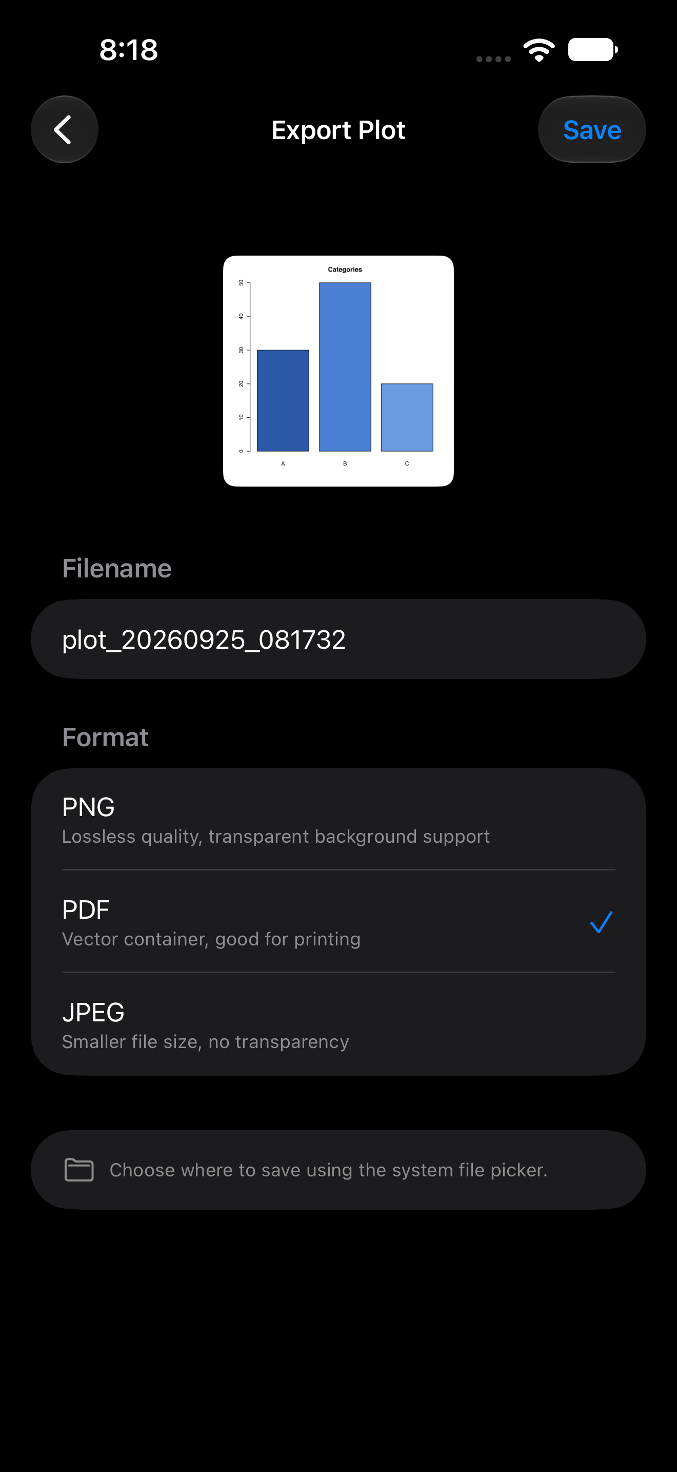 Export page with PDF selected as the format on iPhone in dark mode