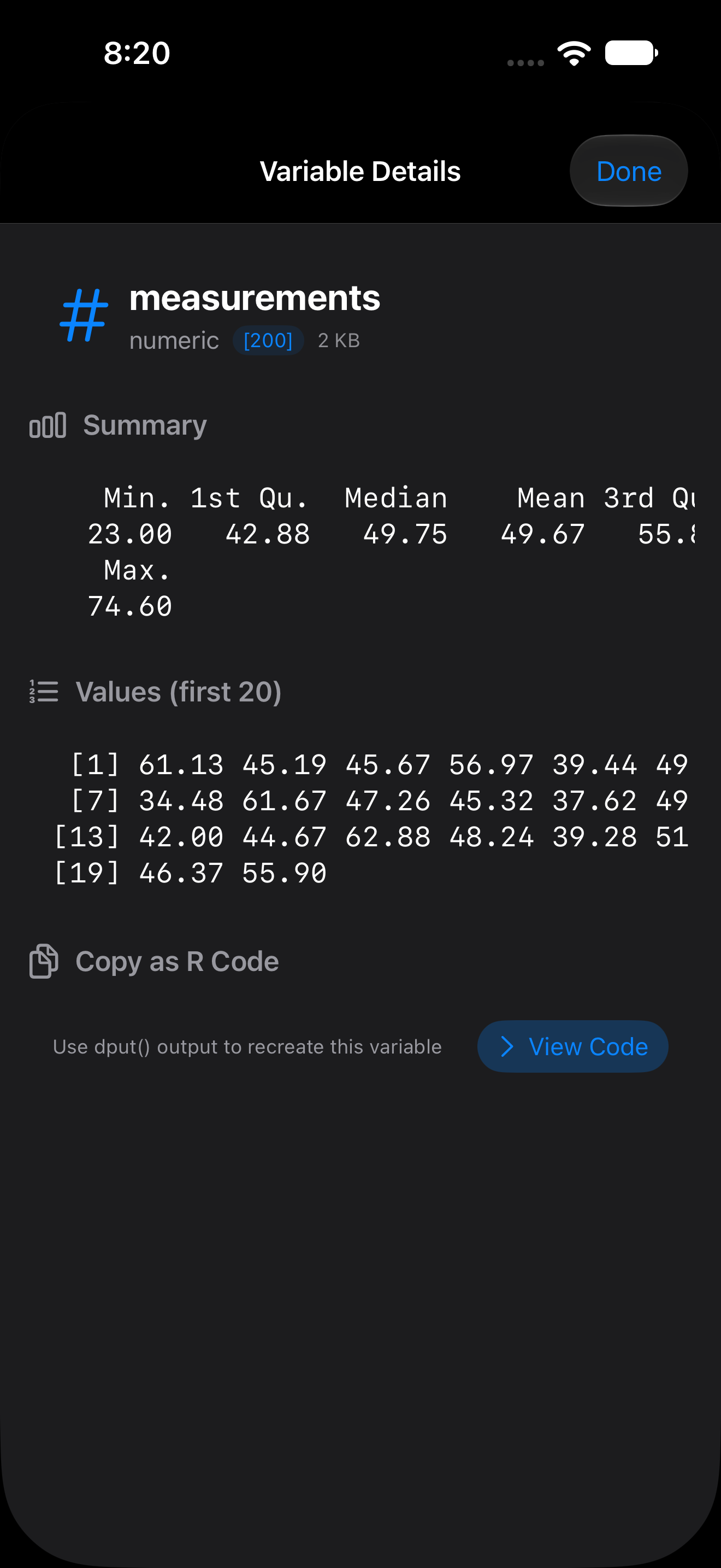 Variable details for a numeric vector showing summary and first elements on iPhone in dark mode