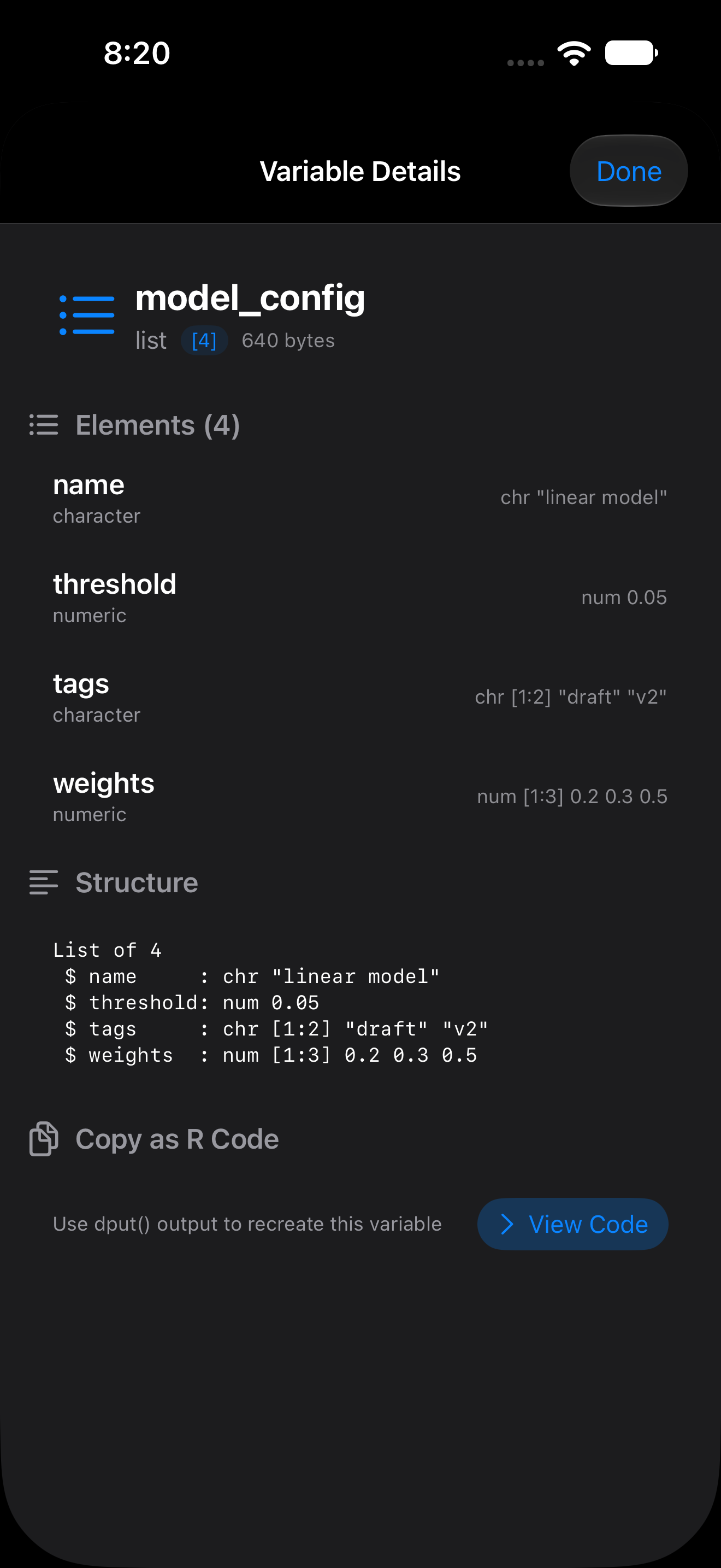 Variable details for a list showing its structure and elements on iPhone in dark mode
