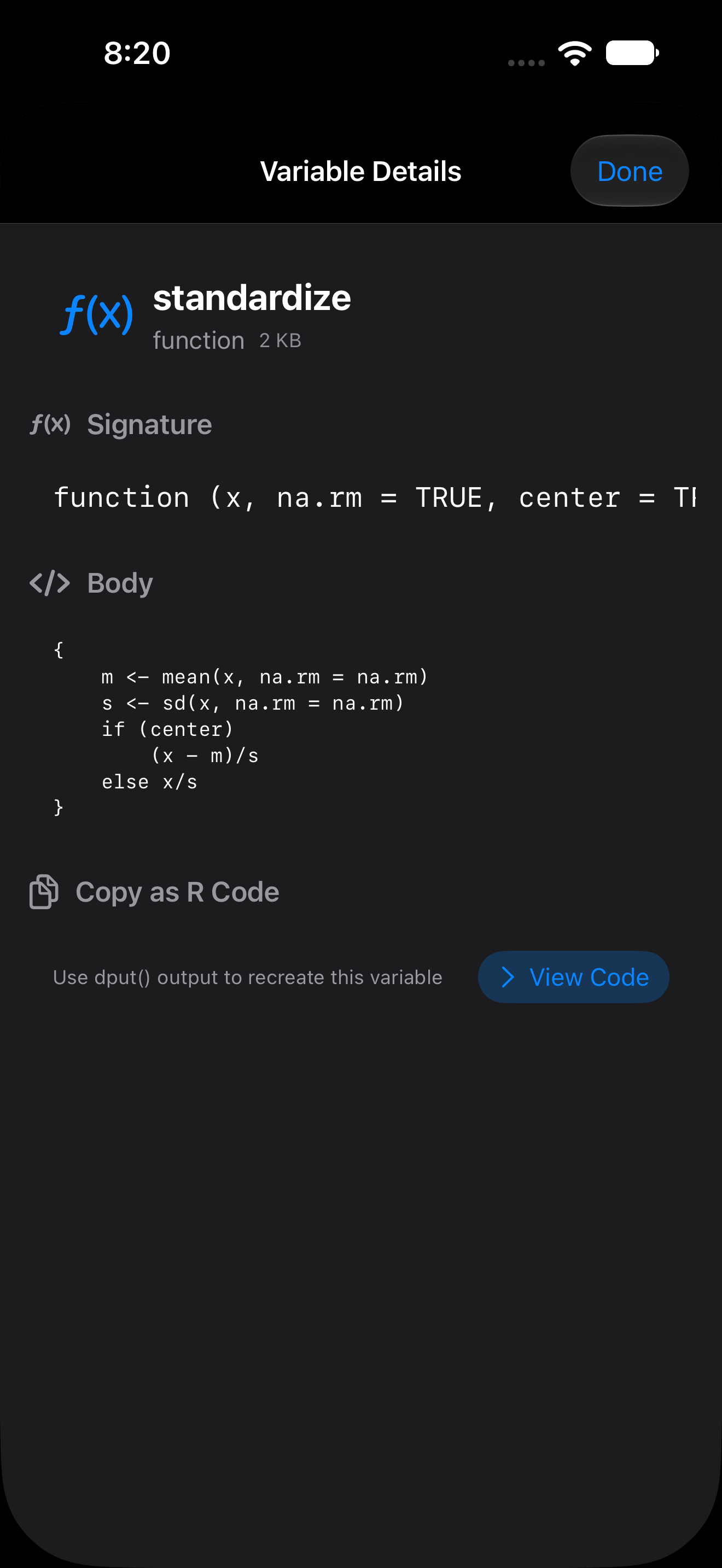 Variable details for a function showing its signature and body on iPhone in dark mode