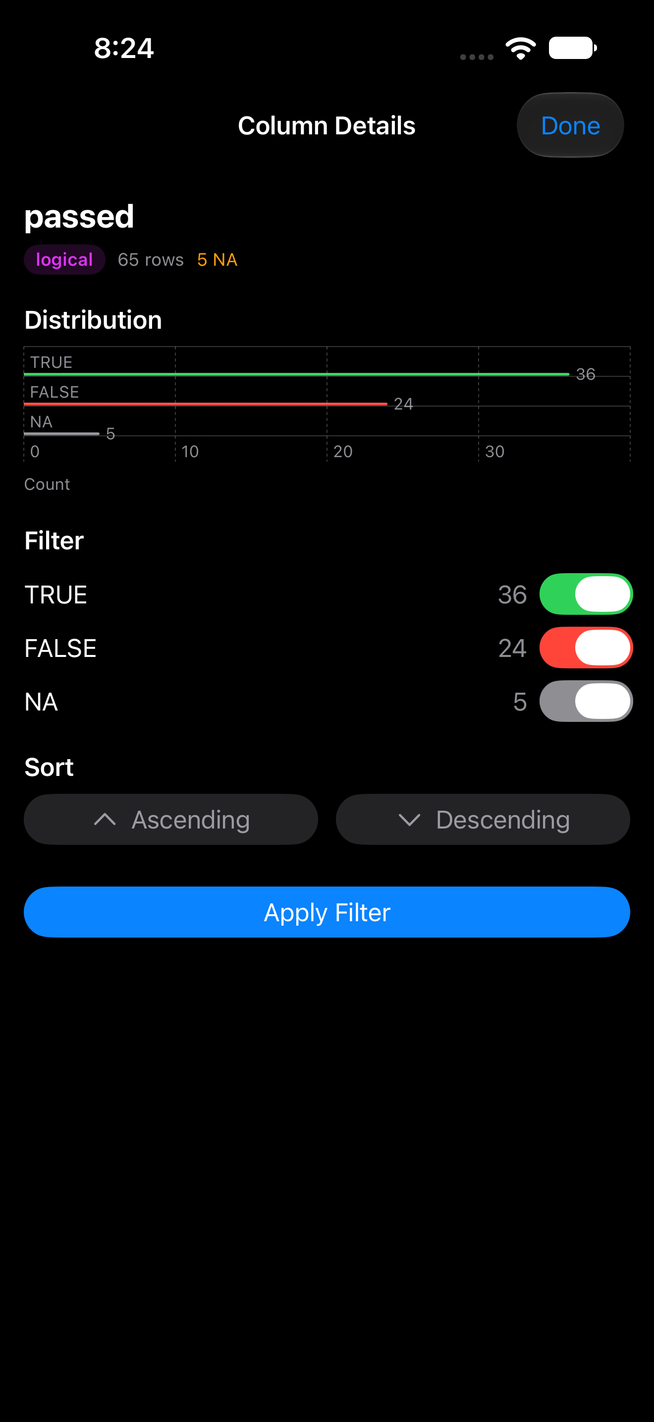 Column details for a logical column with TRUE FALSE and NA toggles on iPhone in dark mode