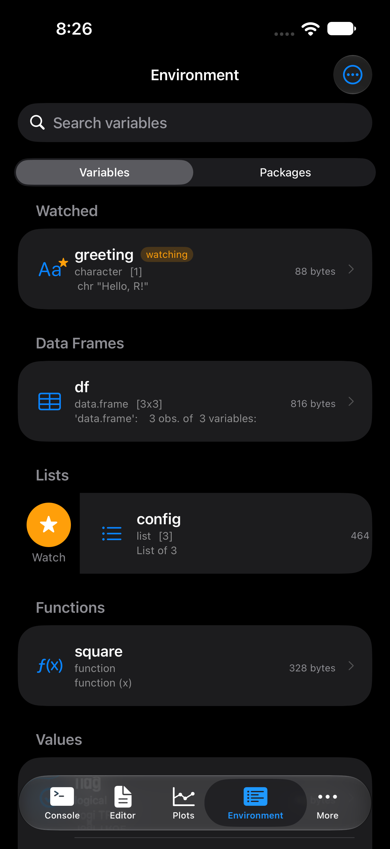 Variable row swiped right revealing the Watch button on iPhone in dark mode