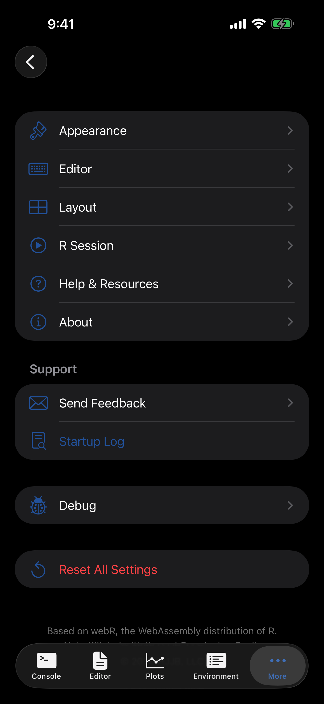 Settings tab on iPhone in dark mode showing configuration sections