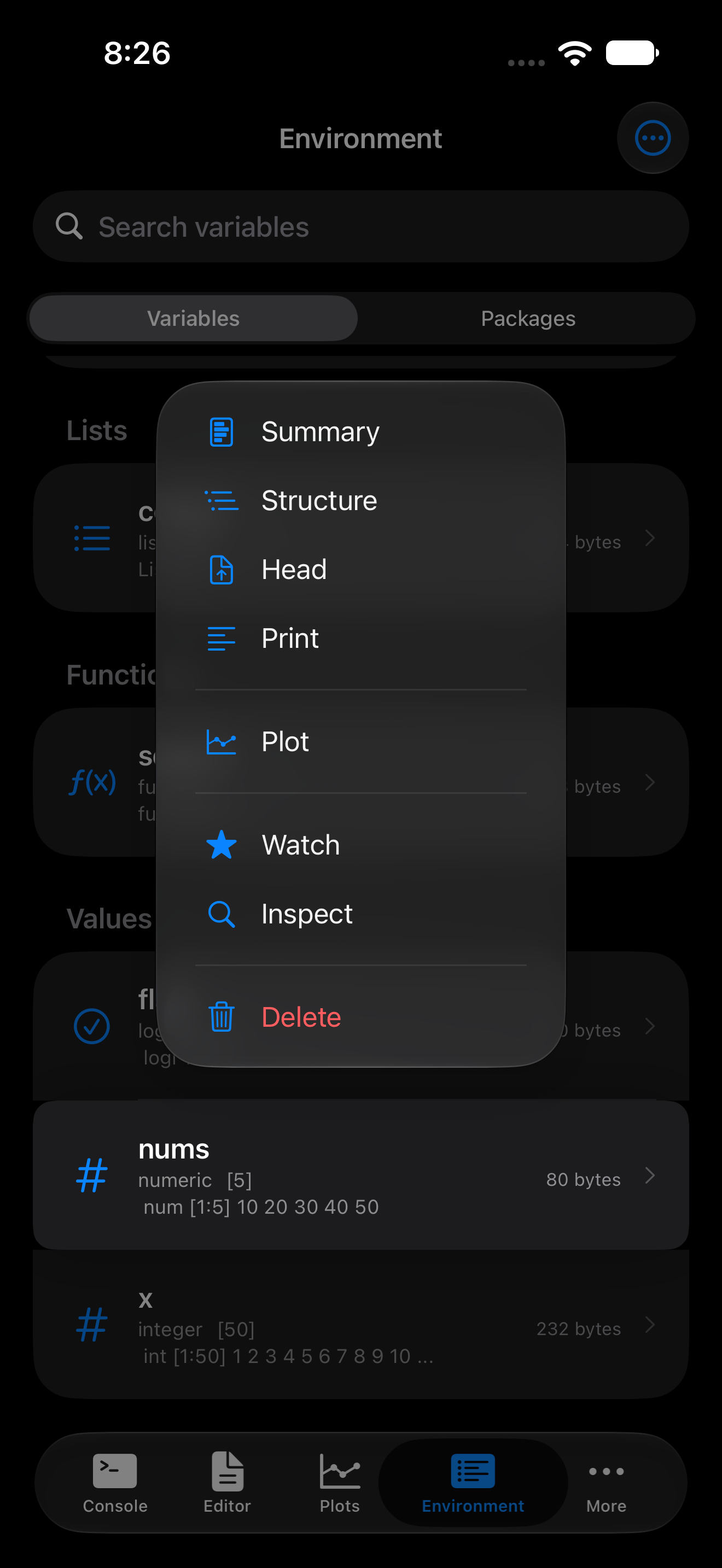 Long press context menu showing the Watch option on iPhone in dark mode