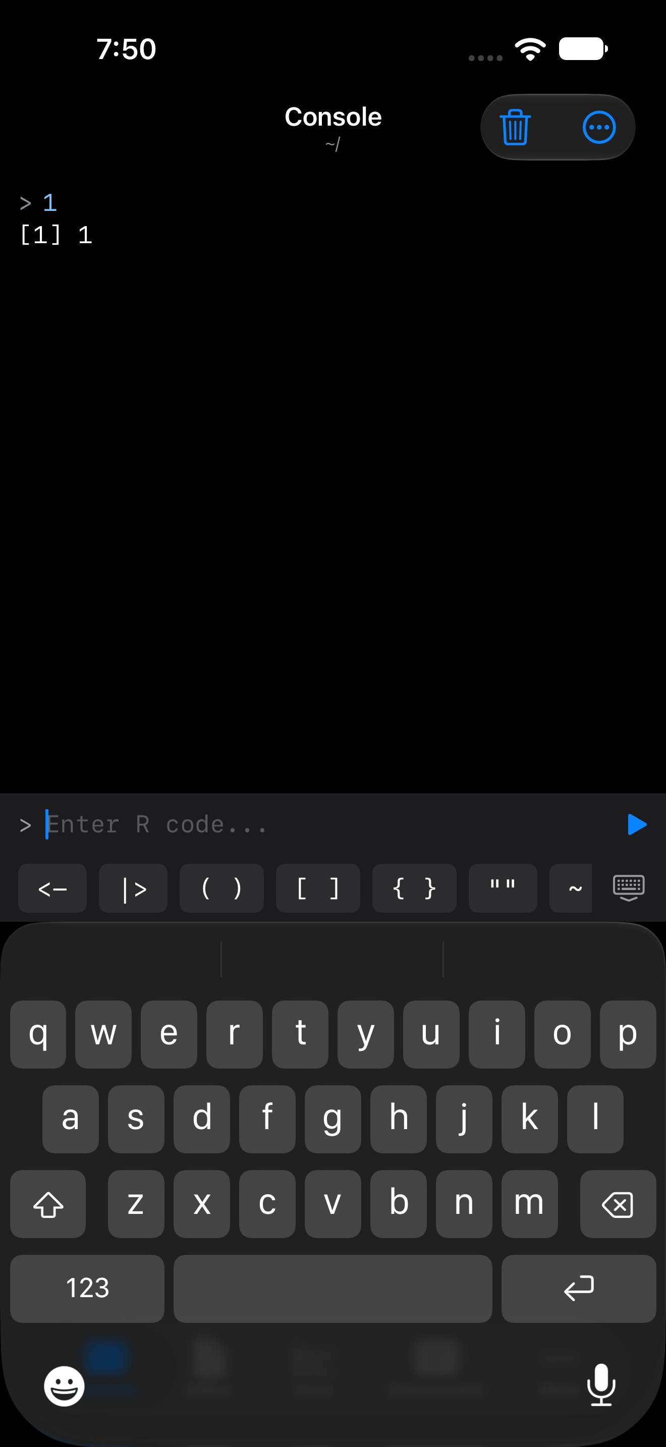 The R keyboard toolbar above the console input on iPhone in dark mode