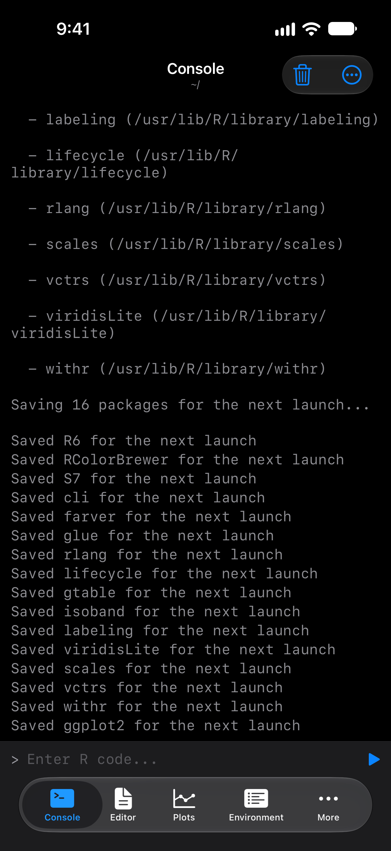Console on iPhone at the end of the install: Saving 16 packages for the next launch, then a Saved line for each package, ending with Saved ggplot2 for the next launch, in dark mode