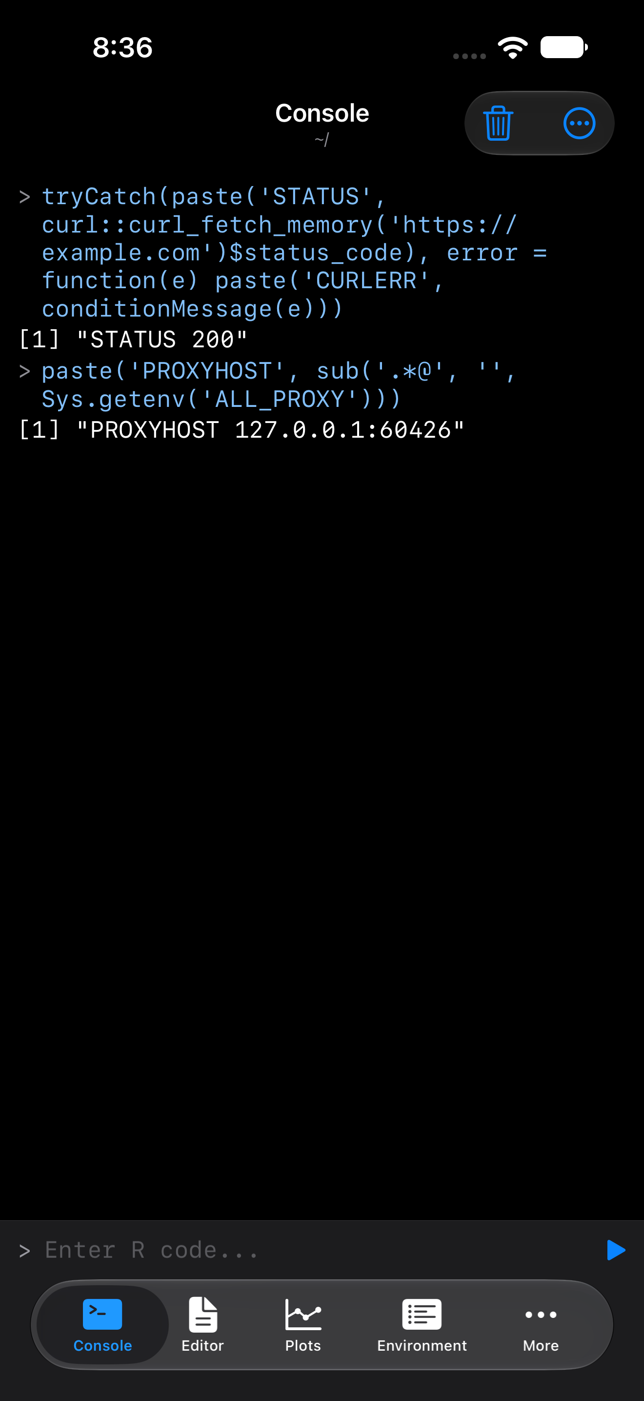 Console on iPhone showing a successful request returning status 200 and the proxy host reading 127.0.0.1, in dark mode