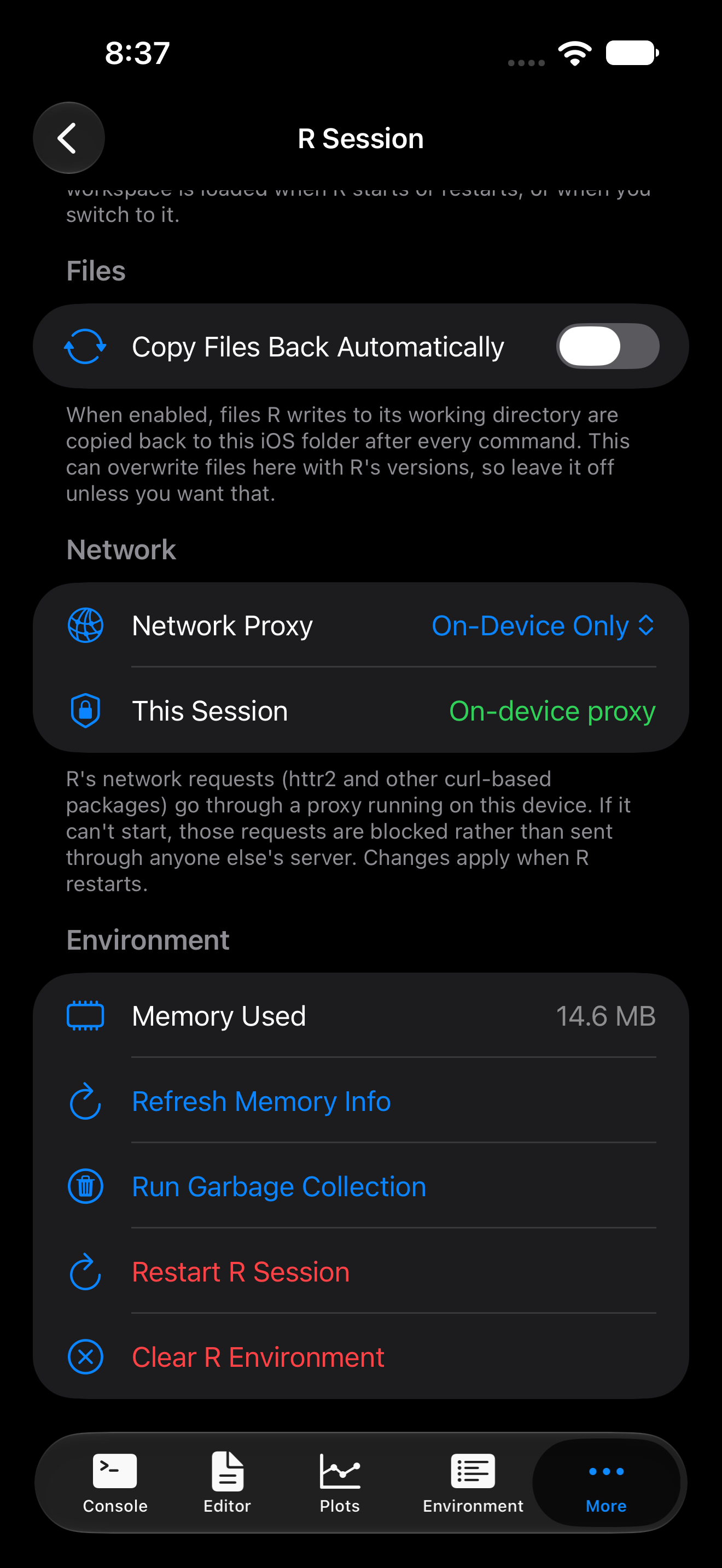 R Session settings on iPhone with the Network section showing Network Proxy set to On-Device Only and This Session reading On-device proxy, in dark mode