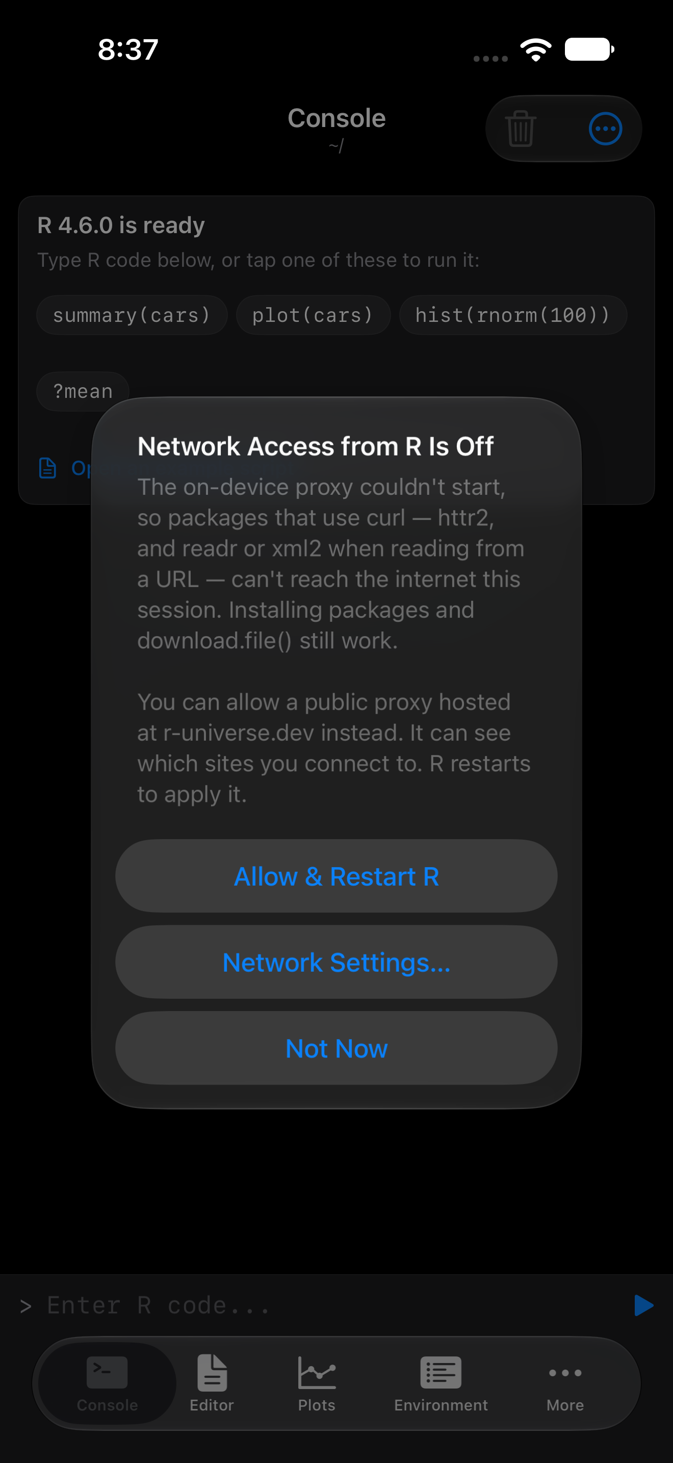 Alert on iPhone titled Network Access from R Is Off, offering Allow and Restart R, Network Settings, and Not Now, in dark mode