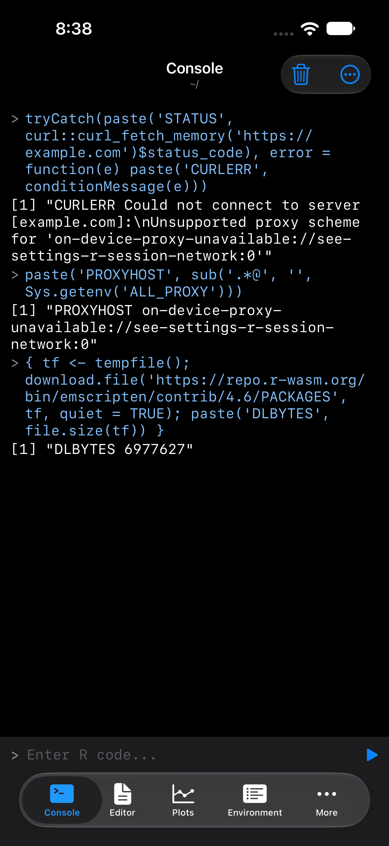 Console on iPhone showing an unsupported proxy scheme error from curl, and a successful download.file call below it, in dark mode