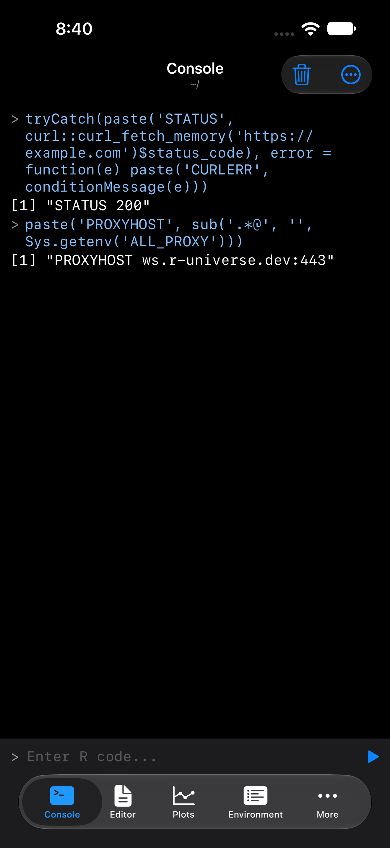 Console on iPhone showing a request returning status 200 with the proxy host reading ws.r-universe.dev, in dark mode