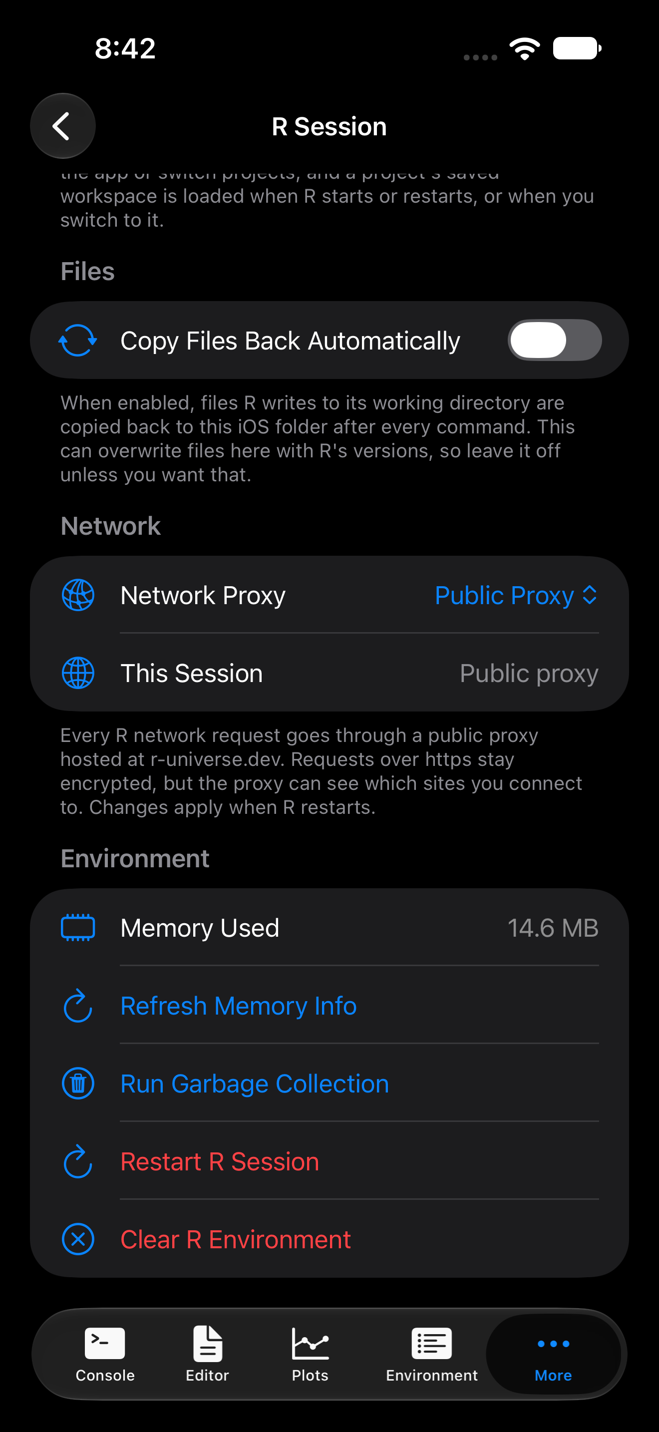 R Session settings on iPhone with Network Proxy set to Public Proxy and This Session reading Public proxy, in dark mode