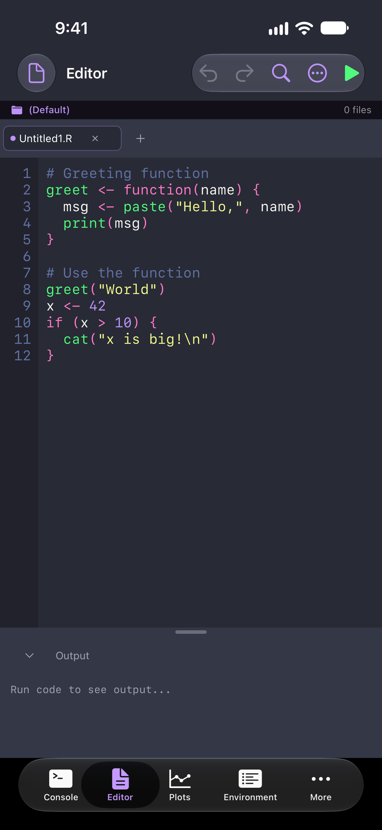 A script in the Editor on iPhone in the Dracula theme with Increase Contrast off, its comments in dim blue-gray