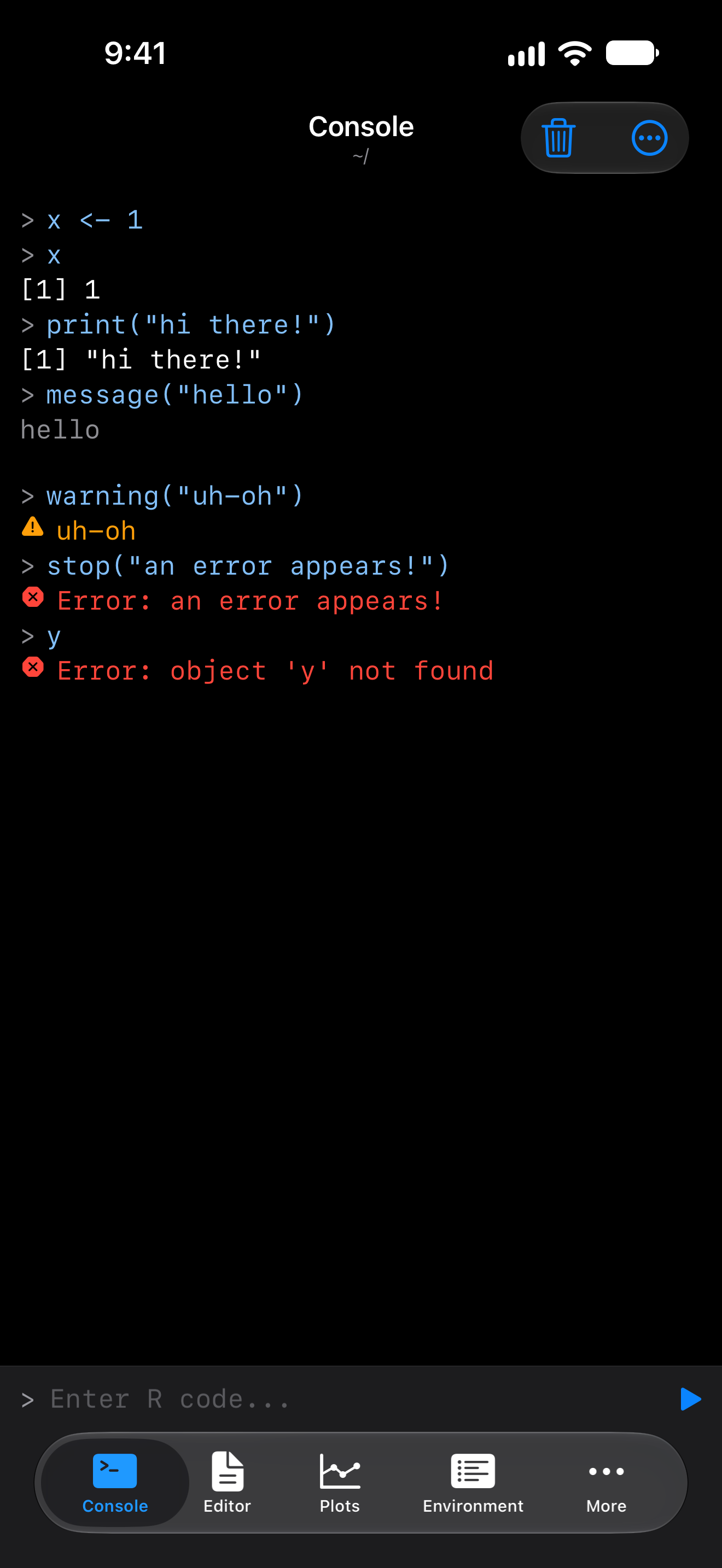 The Console on iPhone with Differentiate Without Color on, with a triangle before the warning and an octagon before each error, in dark mode