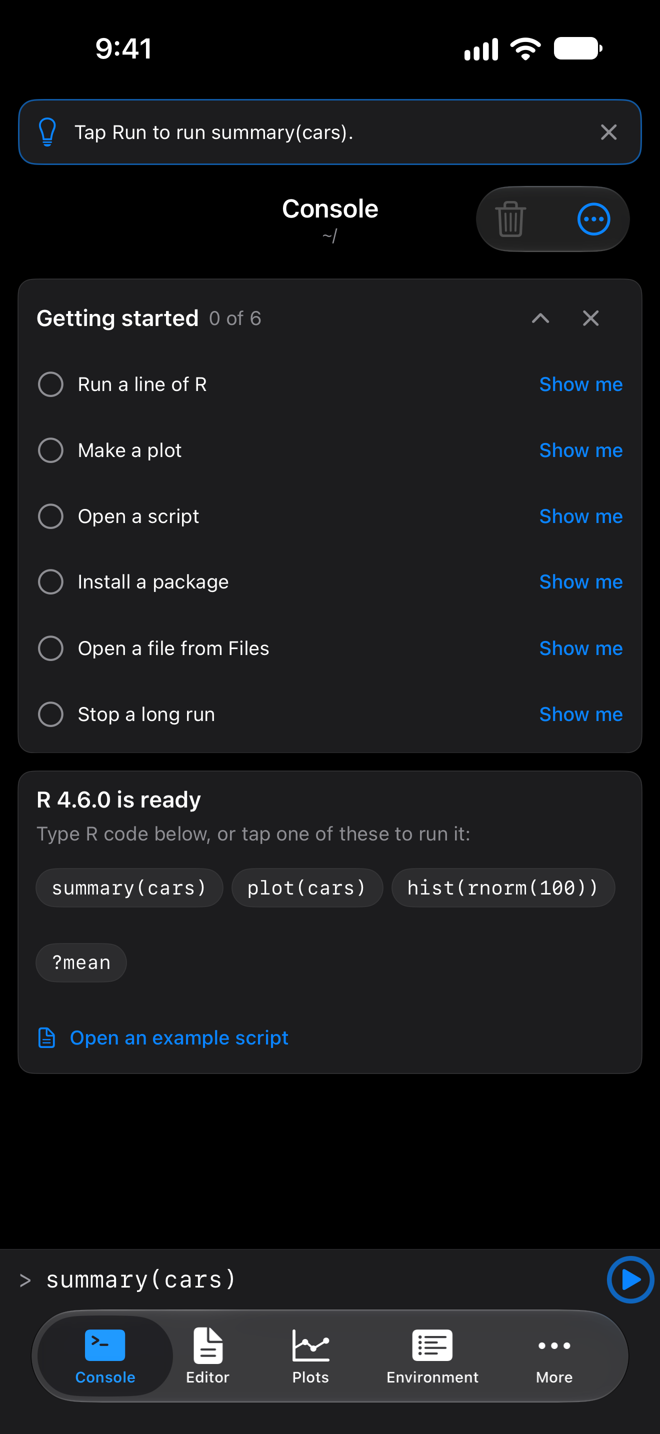 Show me for Run a line of R on iPhone: summary(cars) in the input field, the Run button ringed, and a tip at the top, in dark mode