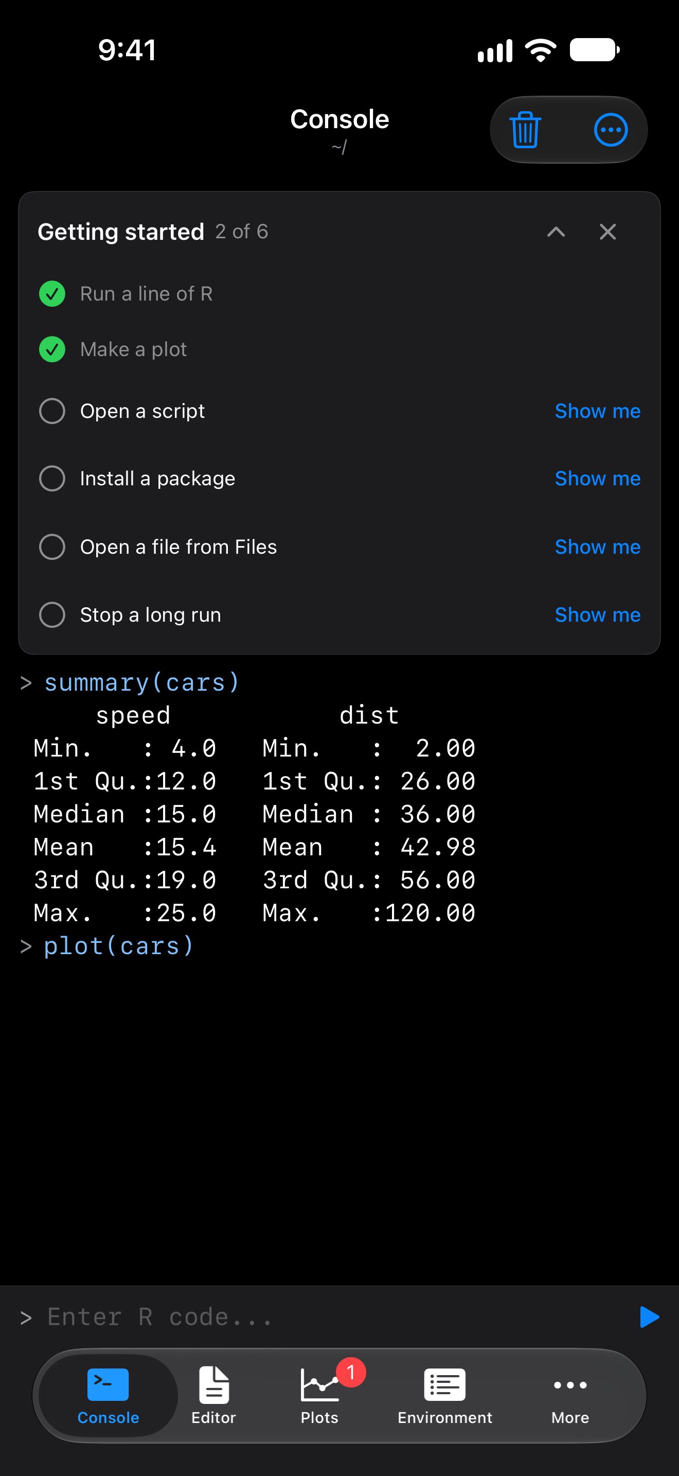 The checklist on iPhone after running summary(cars) and plot(cars), with its first two steps ticked, in dark mode