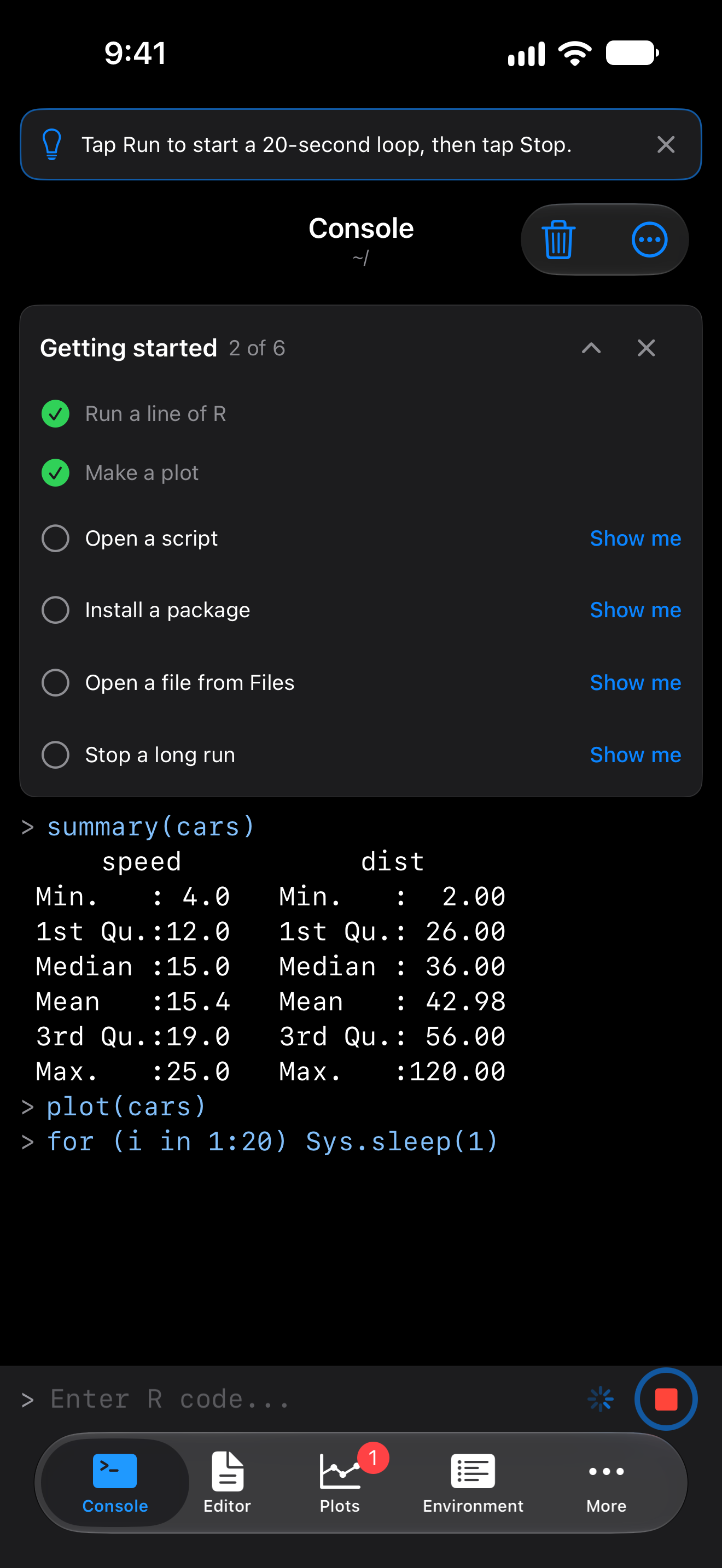Show me for Stop a long run on iPhone: a 20-second loop running, with the Stop button ringed, in dark mode