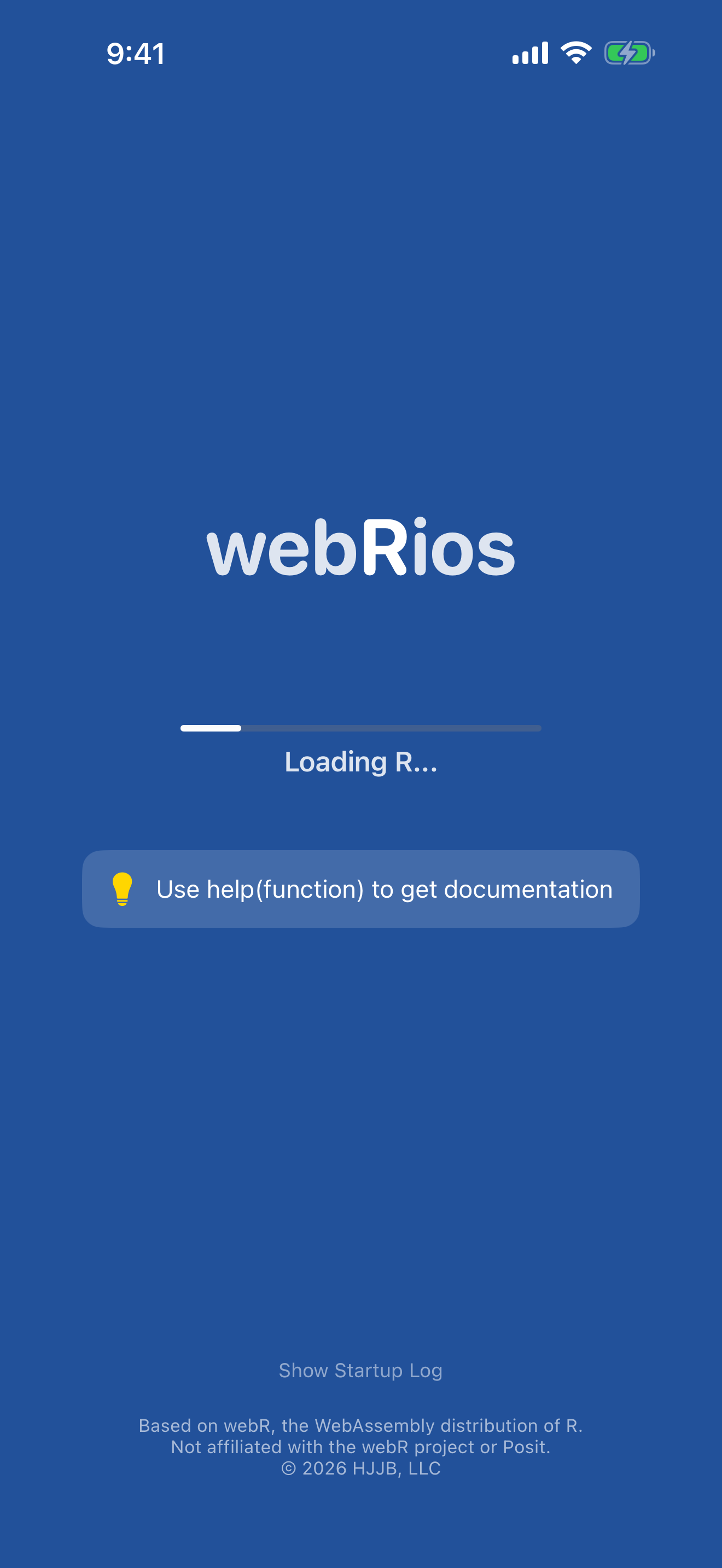 webRios loading screen with progress bar on iPhone in dark mode