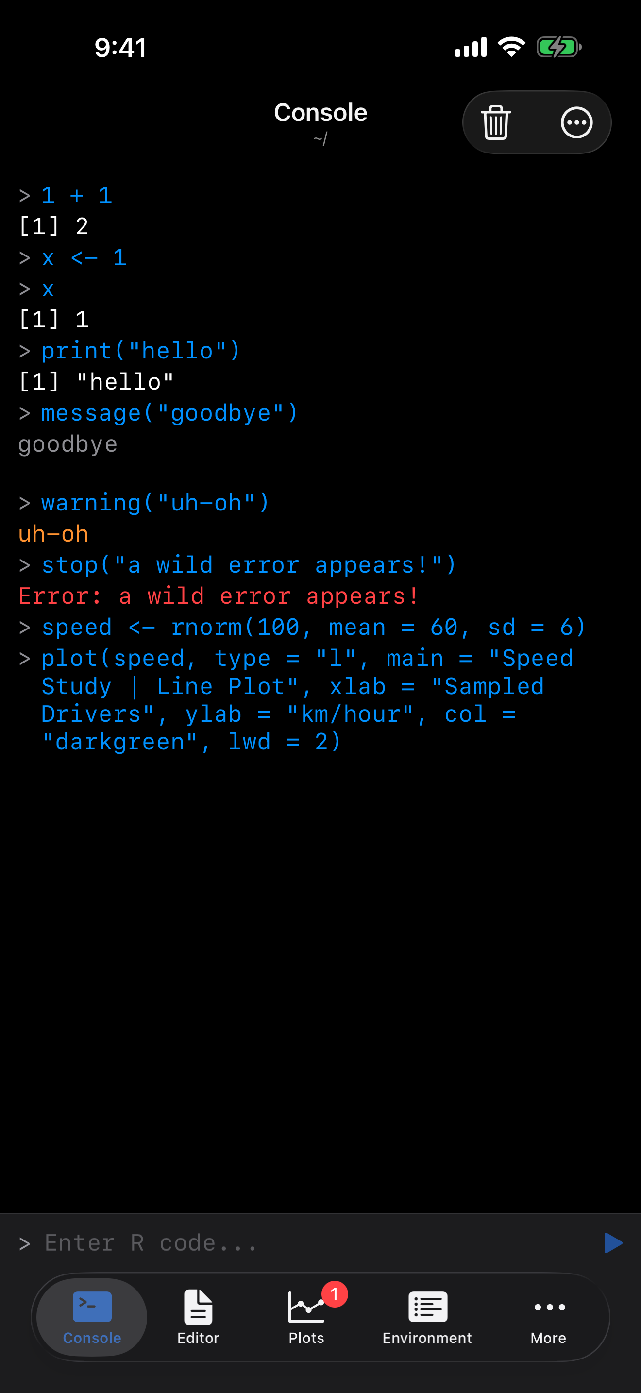 Plot command in console on iPhone in dark mode