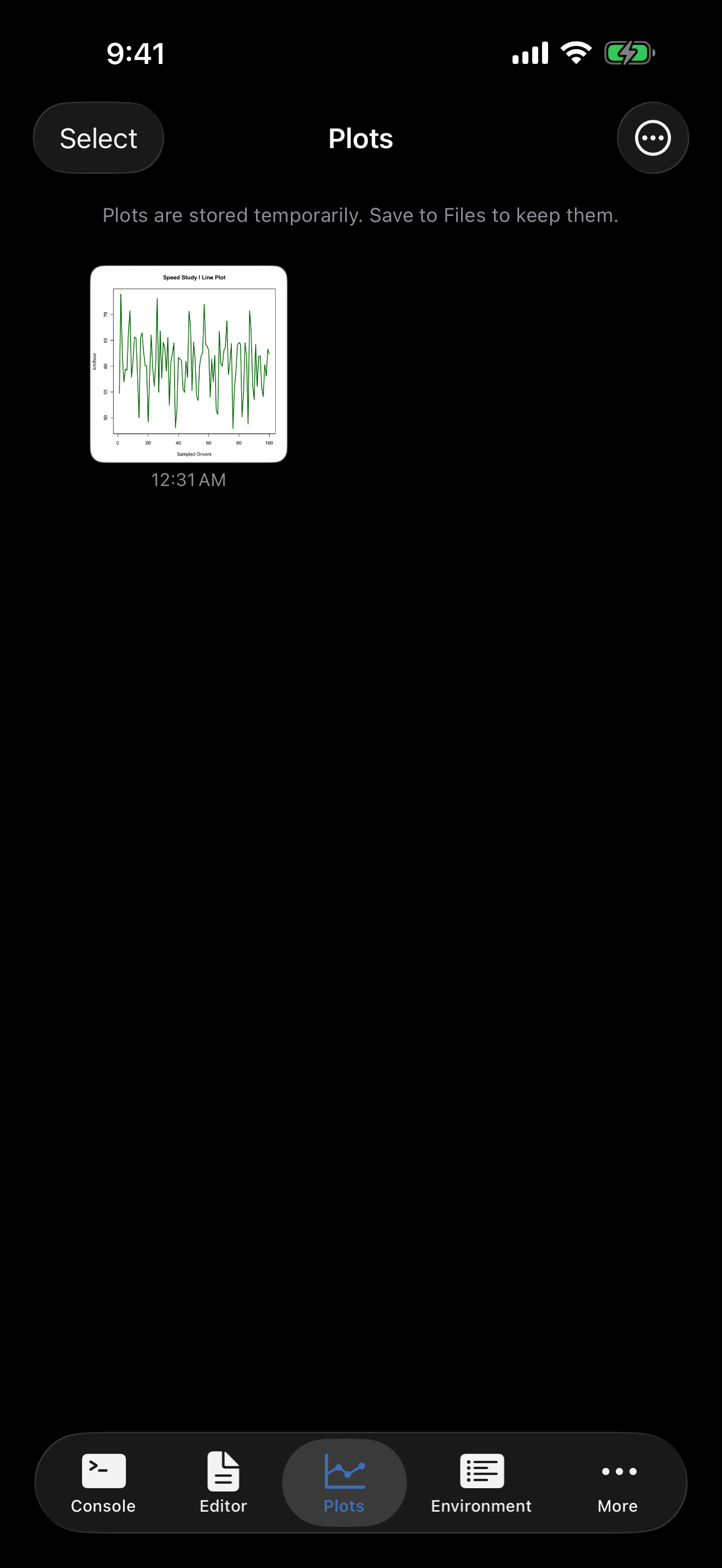 Speed line plot in Plots tab on iPhone in dark mode