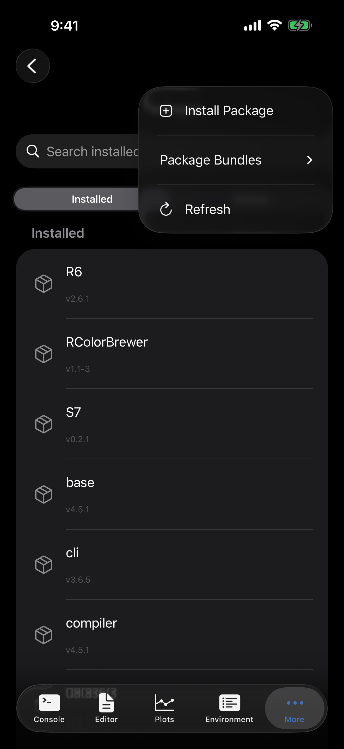 Packages menu showing Install Package option on iPhone in dark mode