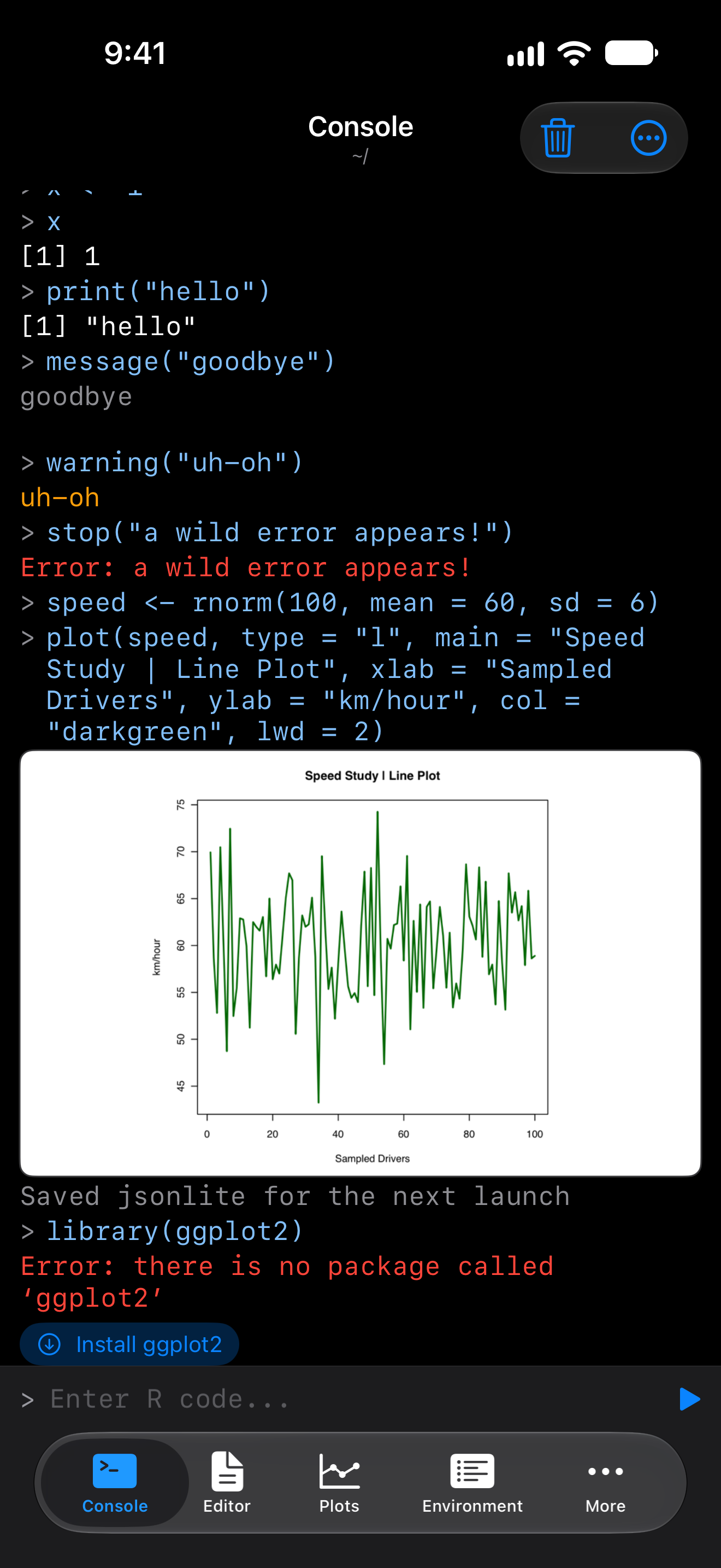 Console on iPhone showing the error there is no package called ggplot2, with an Install ggplot2 button under it, in dark mode