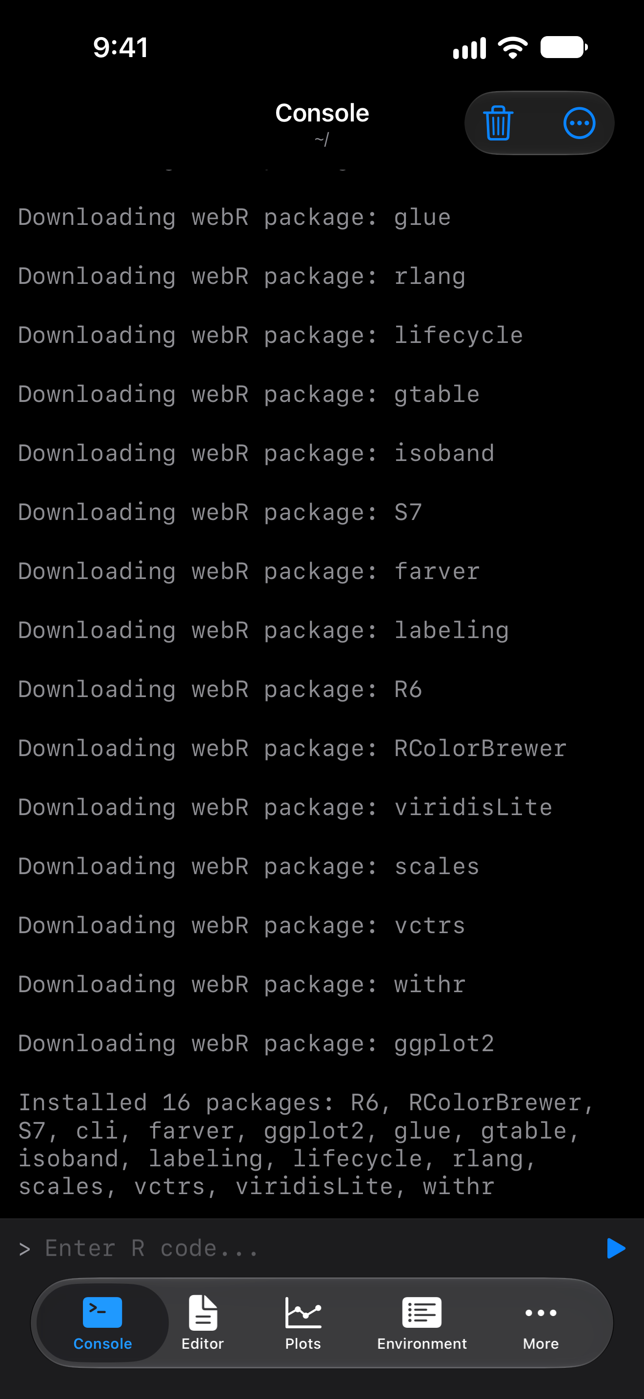 Console on iPhone with a Downloading webR package line for each dependency and then ggplot2, followed by Installed 16 packages and their names, in dark mode