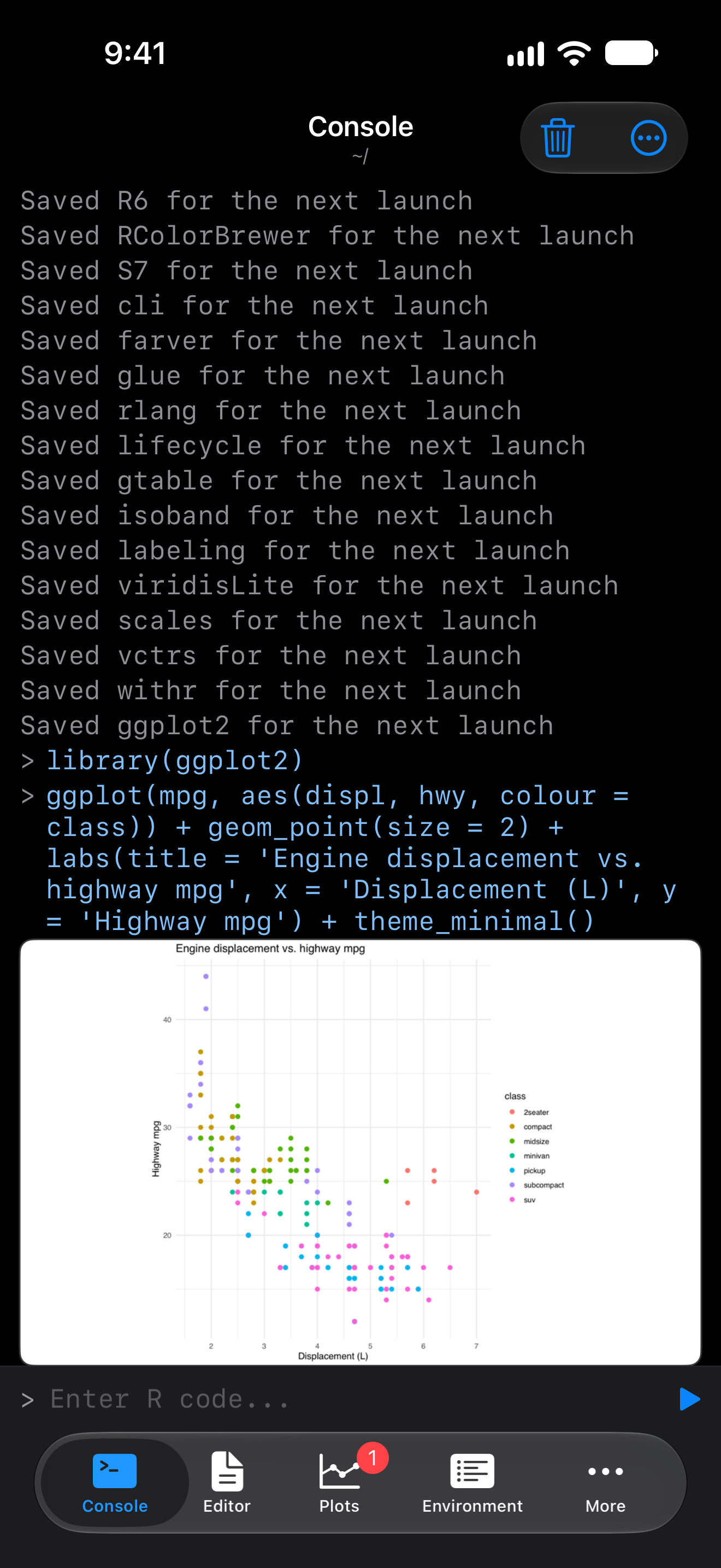 A ggplot2 scatter plot rendered inline in the console on iPhone in dark mode