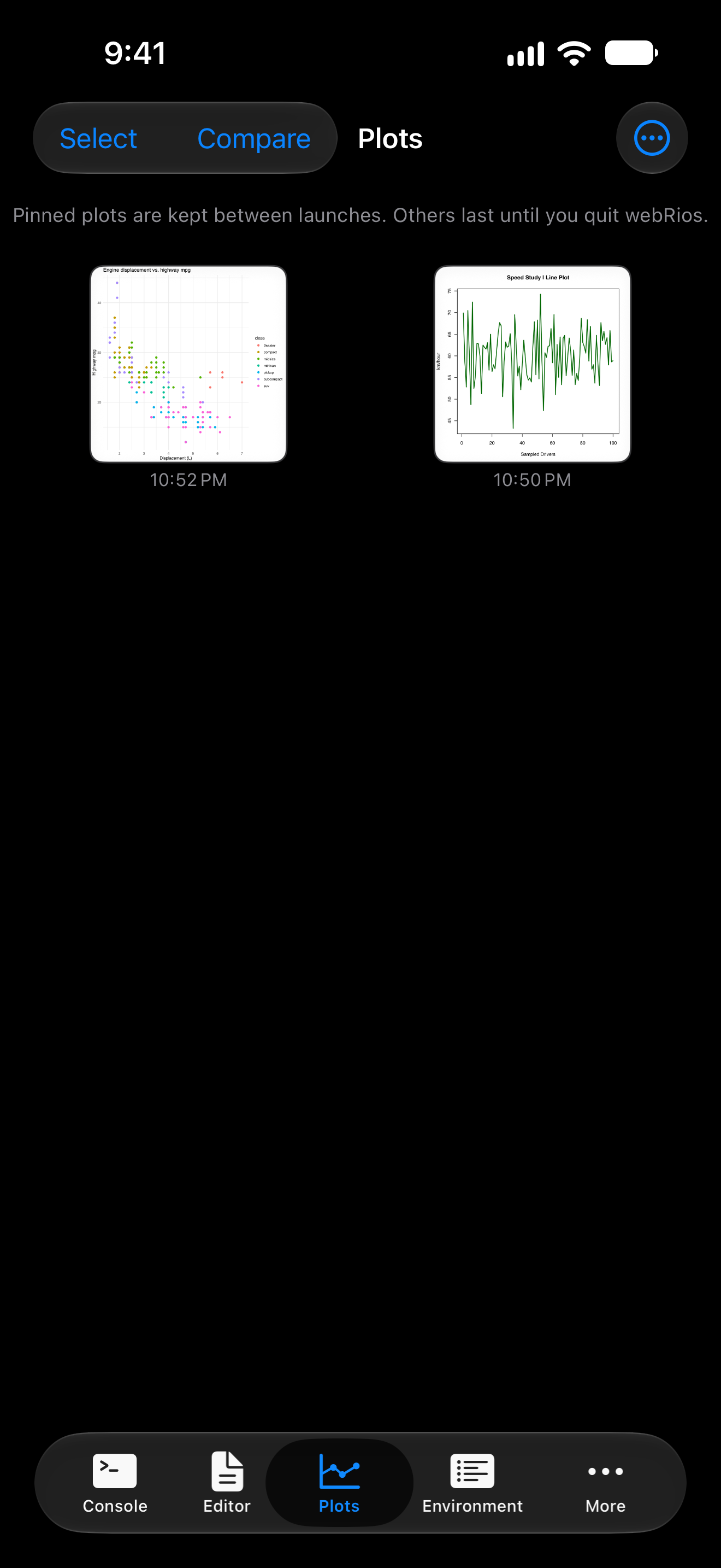 The ggplot2 chart in the Plots gallery on iPhone in dark mode