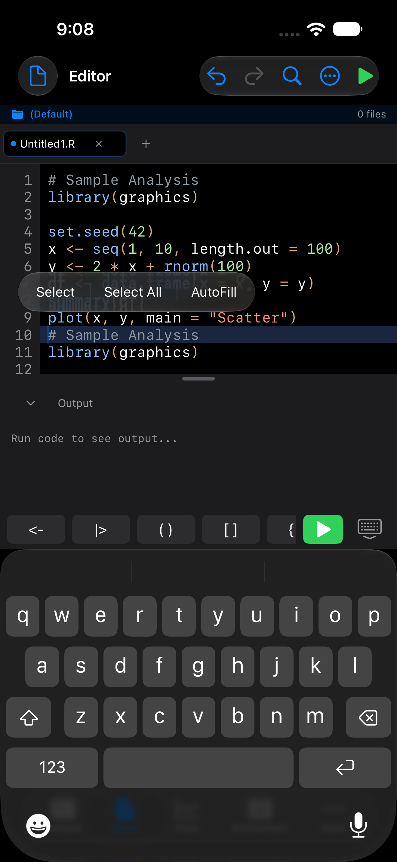 The R keyboard toolbar above the editor on iPhone