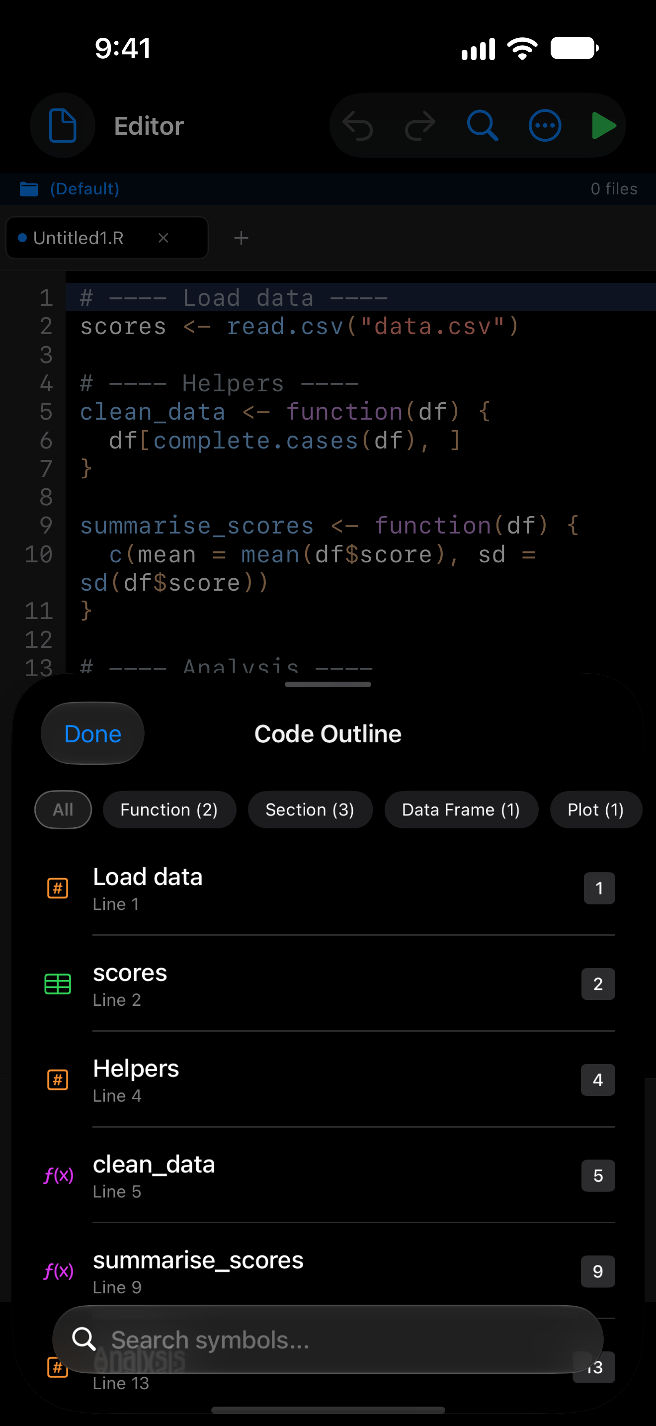 Code outline listing functions on iPhone in dark mode