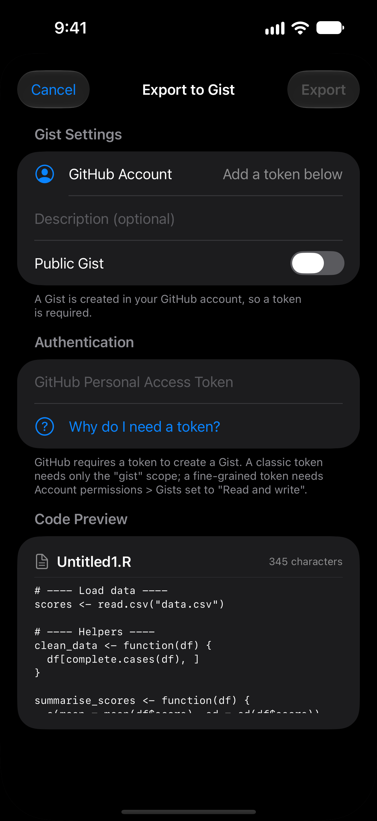Gist export sheet on iPhone in dark mode