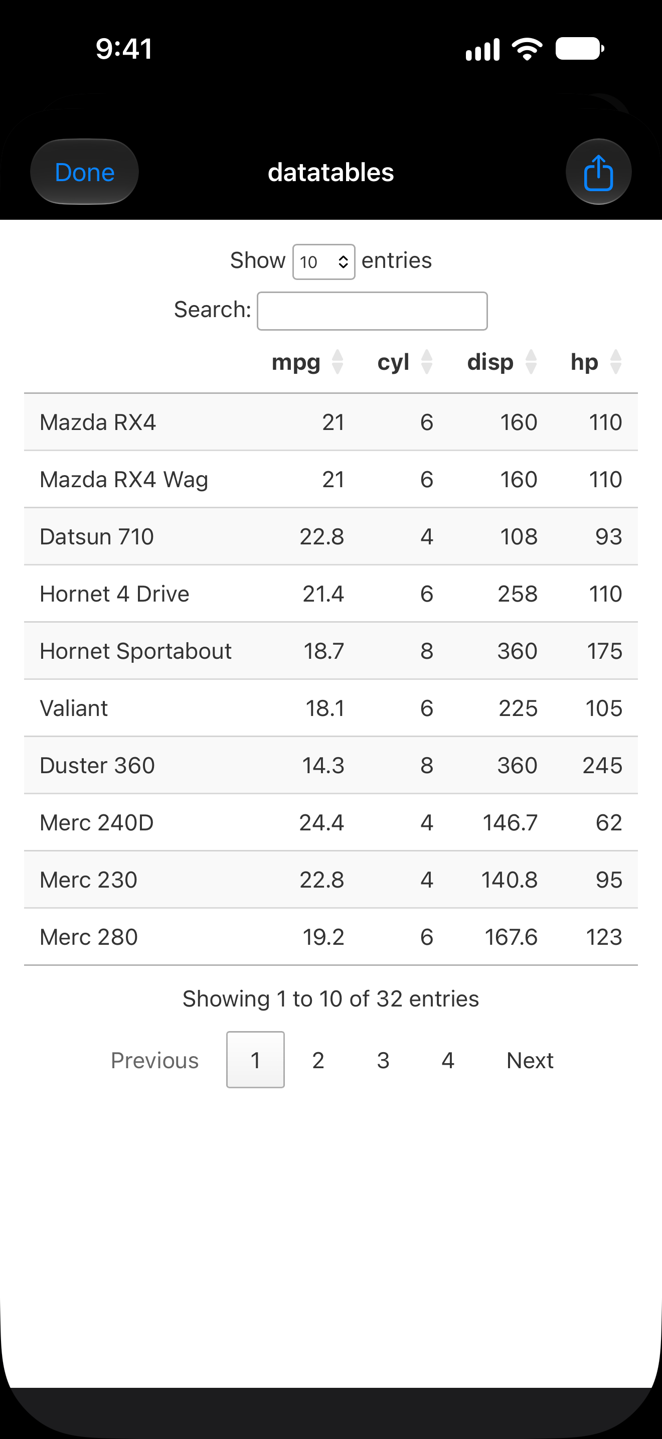 A DT table of mtcars on iPhone, on a white page with a margin, with its search field, sortable column headings and page buttons in dark mode, where the page stays white