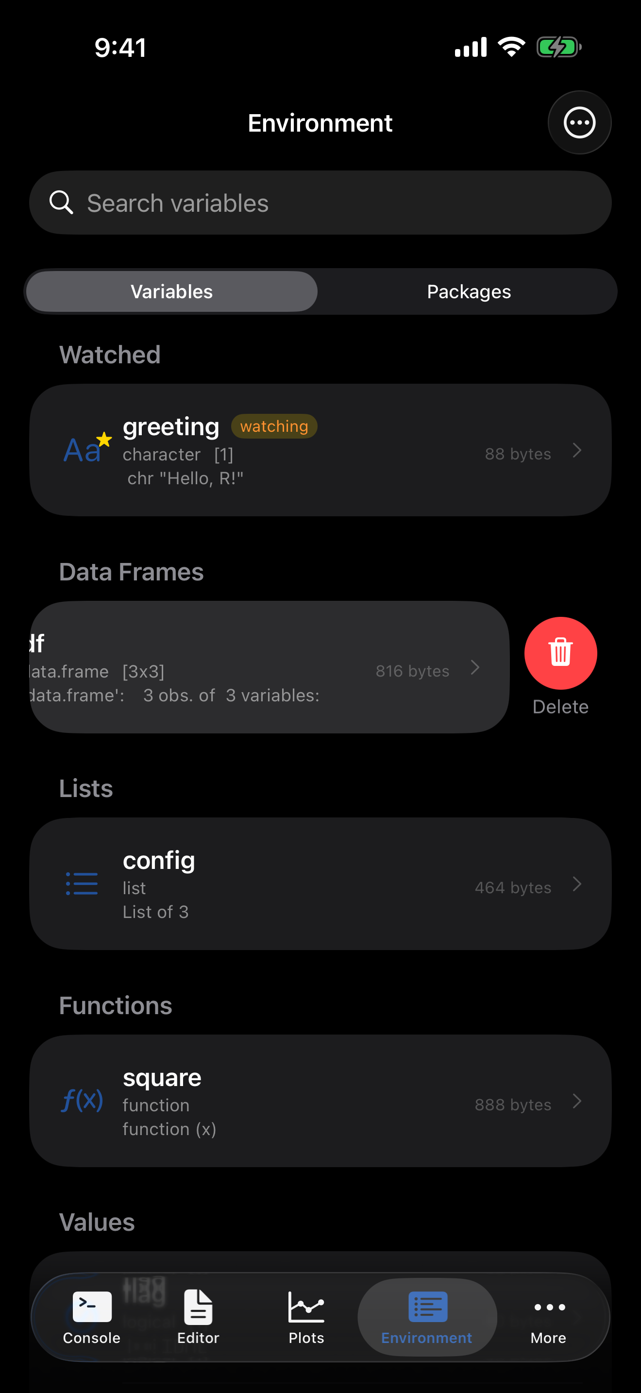 Environment tab on iPhone in dark mode with swipe-left Delete button