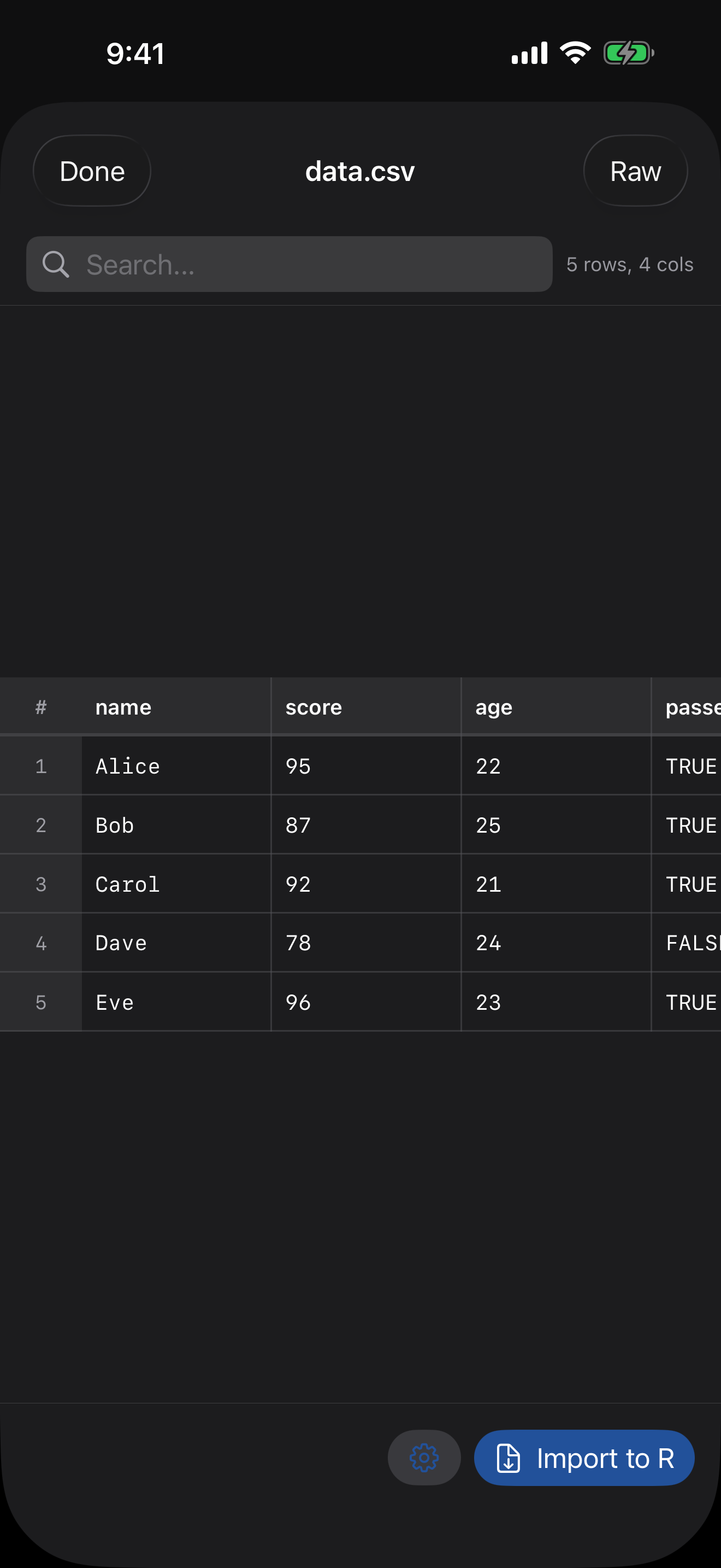 CSV table preview on iPhone in dark mode