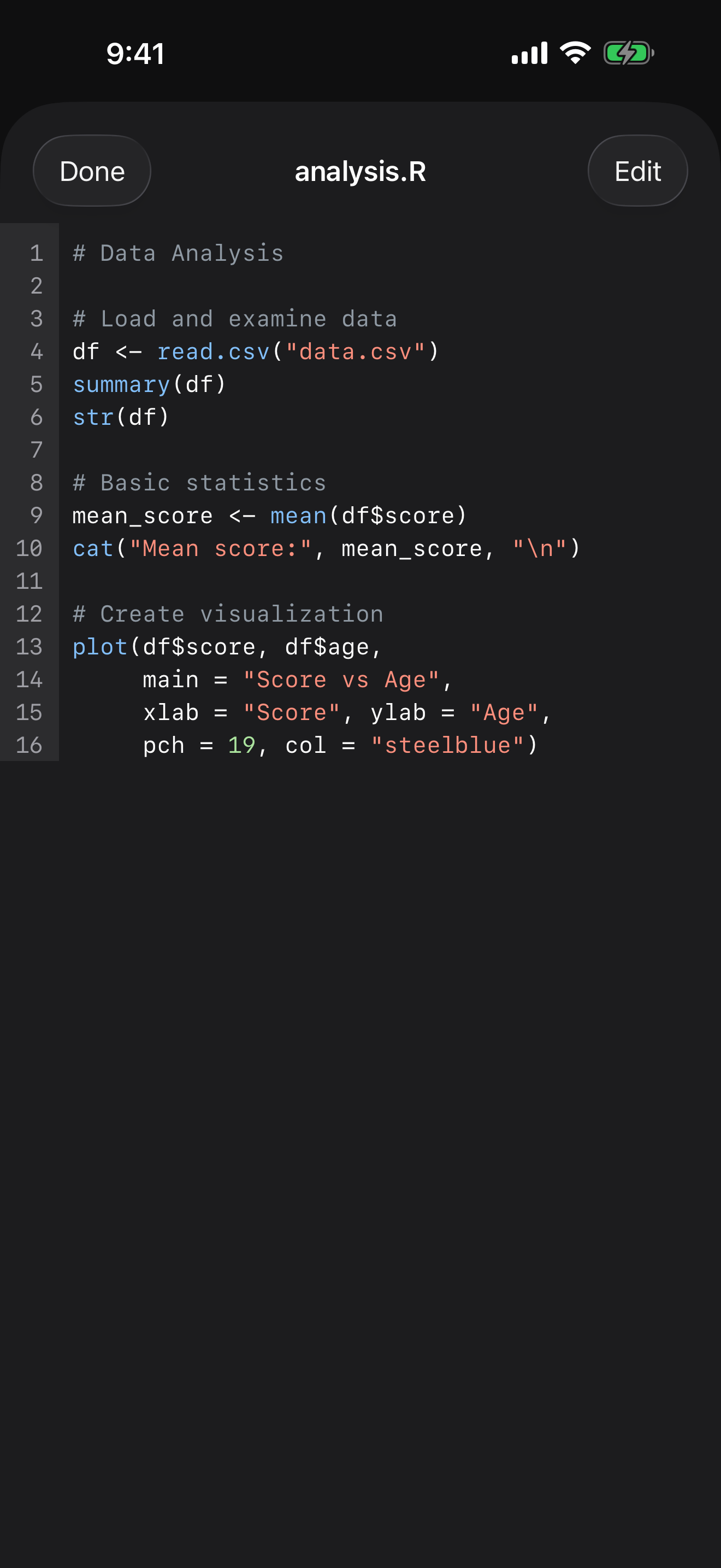R script viewer with syntax highlighting on iPhone in dark mode