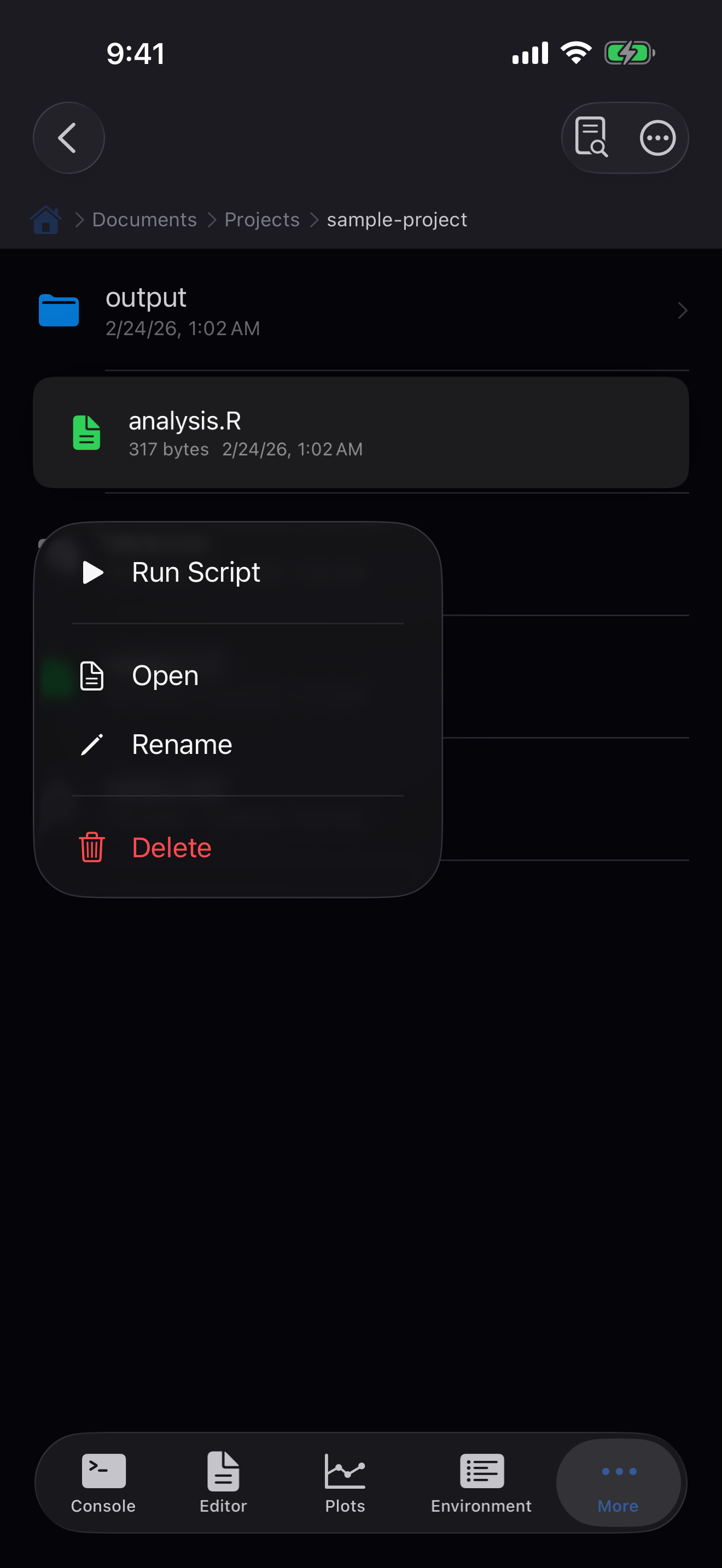 Long-press context menu on R script on iPhone in dark mode