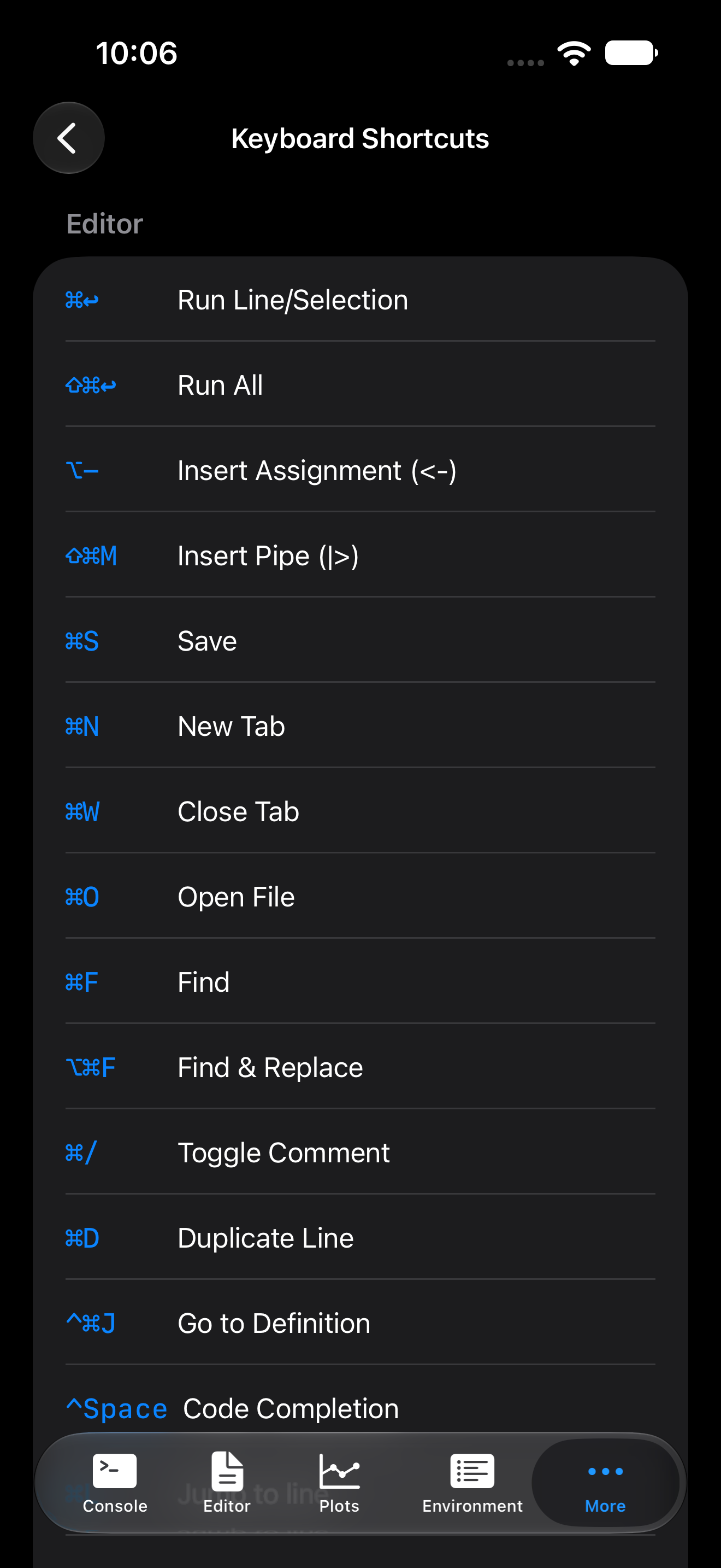 The keyboard shortcuts reference card on iPhone in dark mode