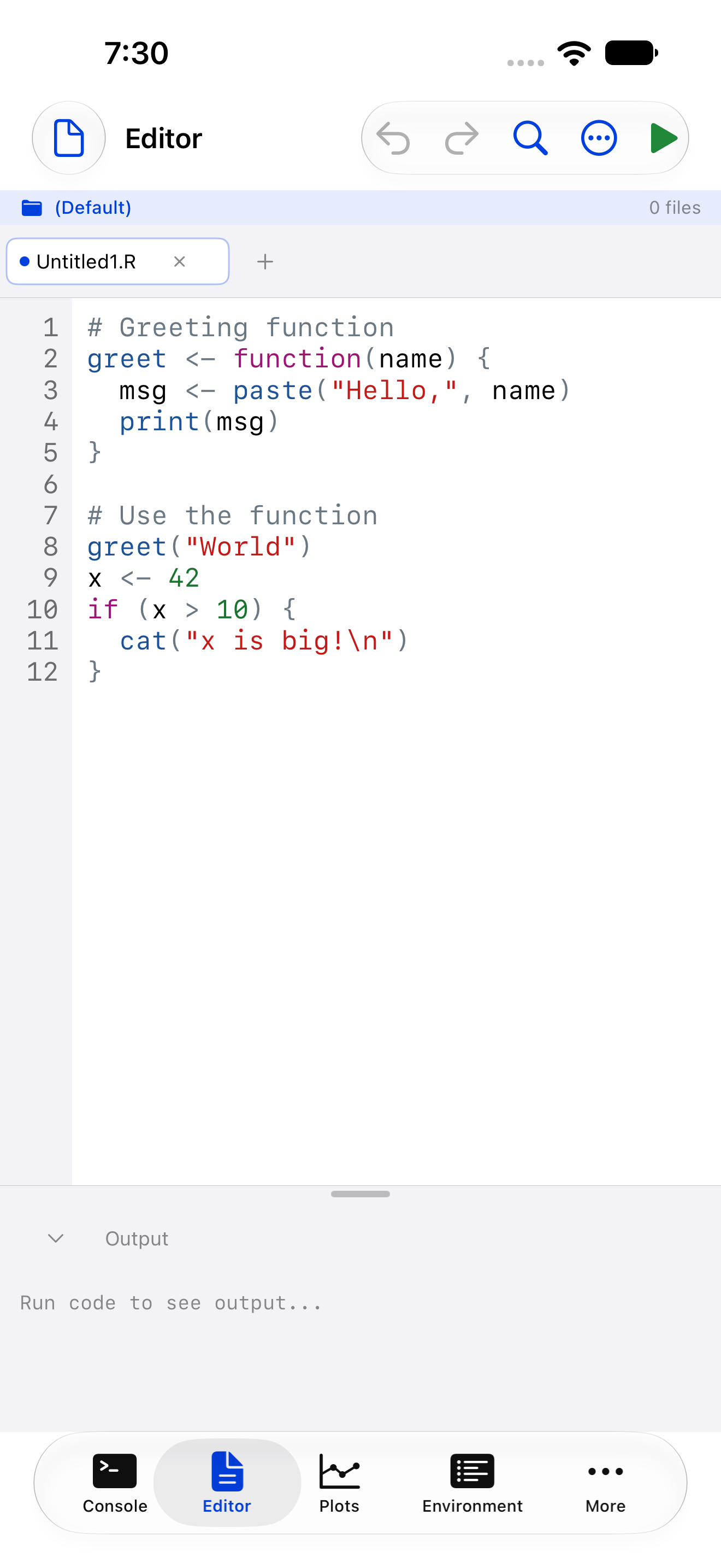 The Editor tab before a file is open on iPhone
