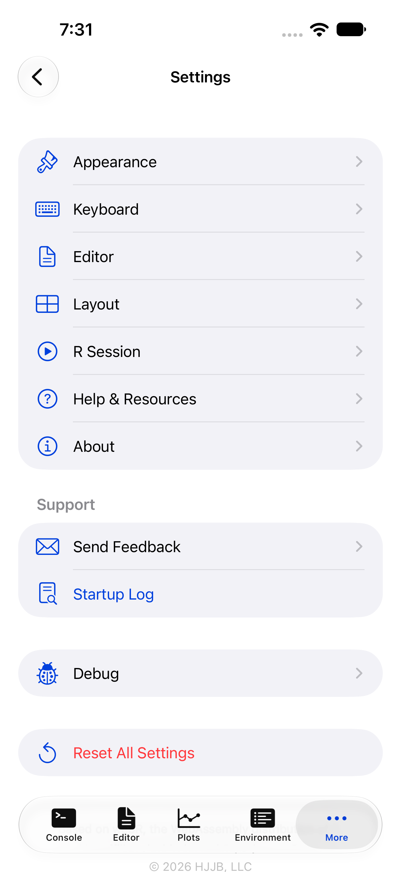 The Settings index on iPhone