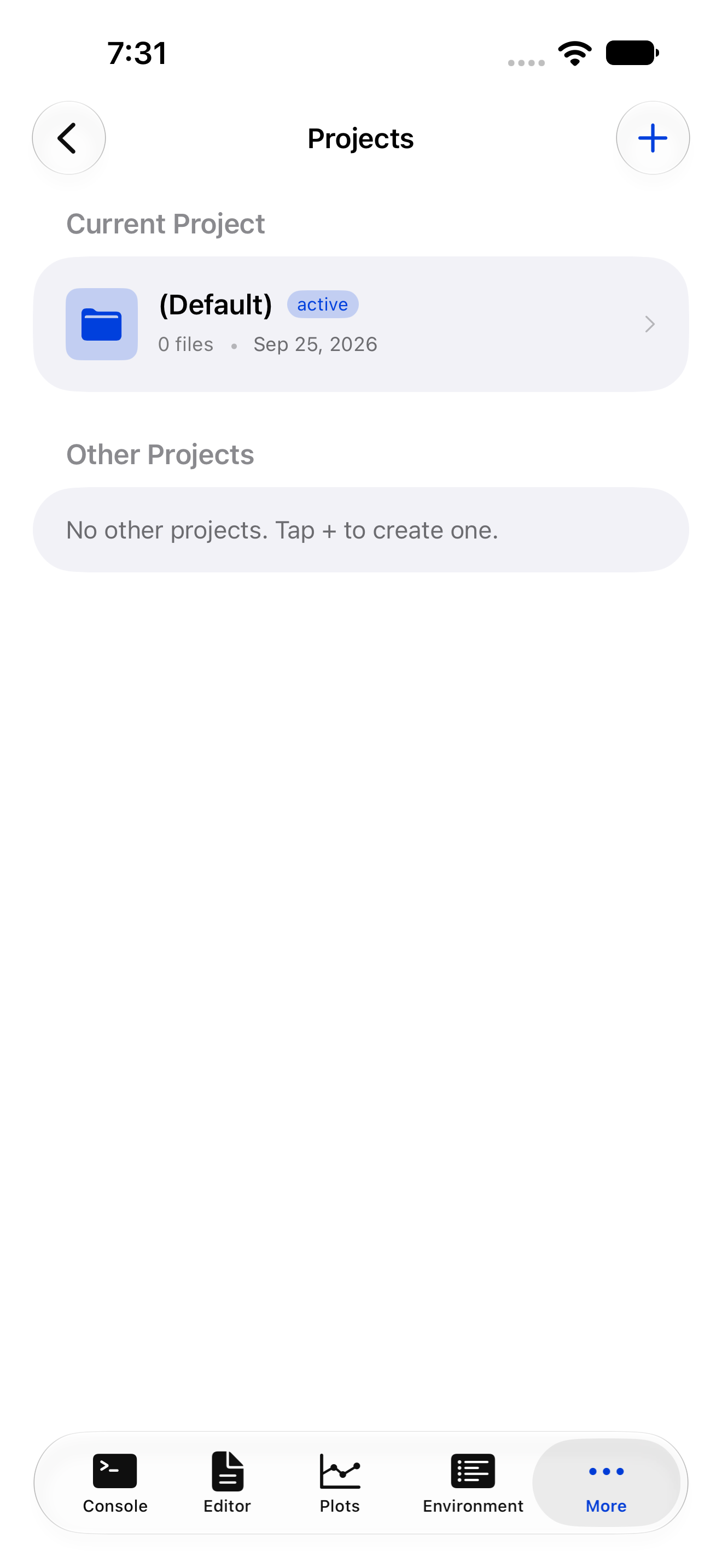 The Projects tab with no project open on iPhone