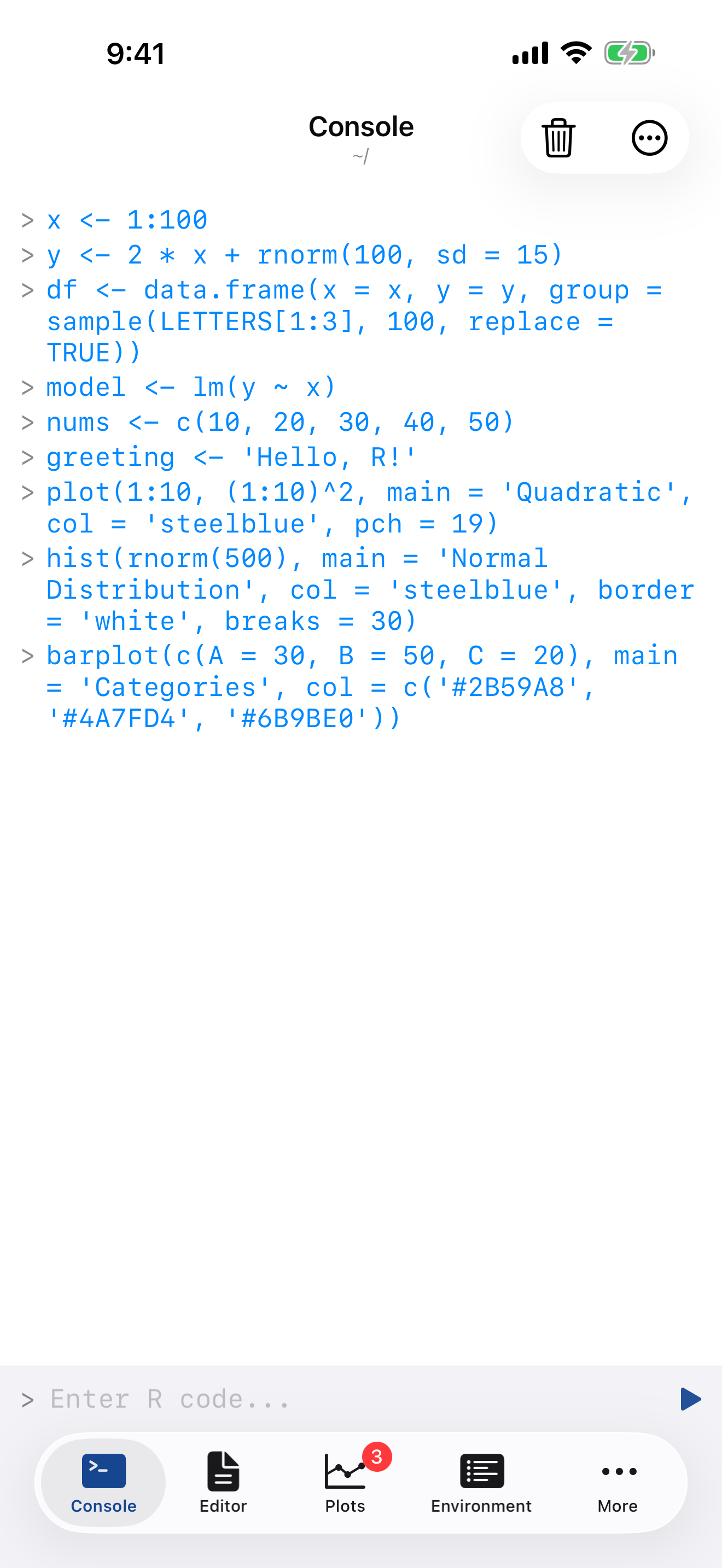 iPhone showing Tab Bar navigation with Console, Editor, Plots, Environment, and More tabs