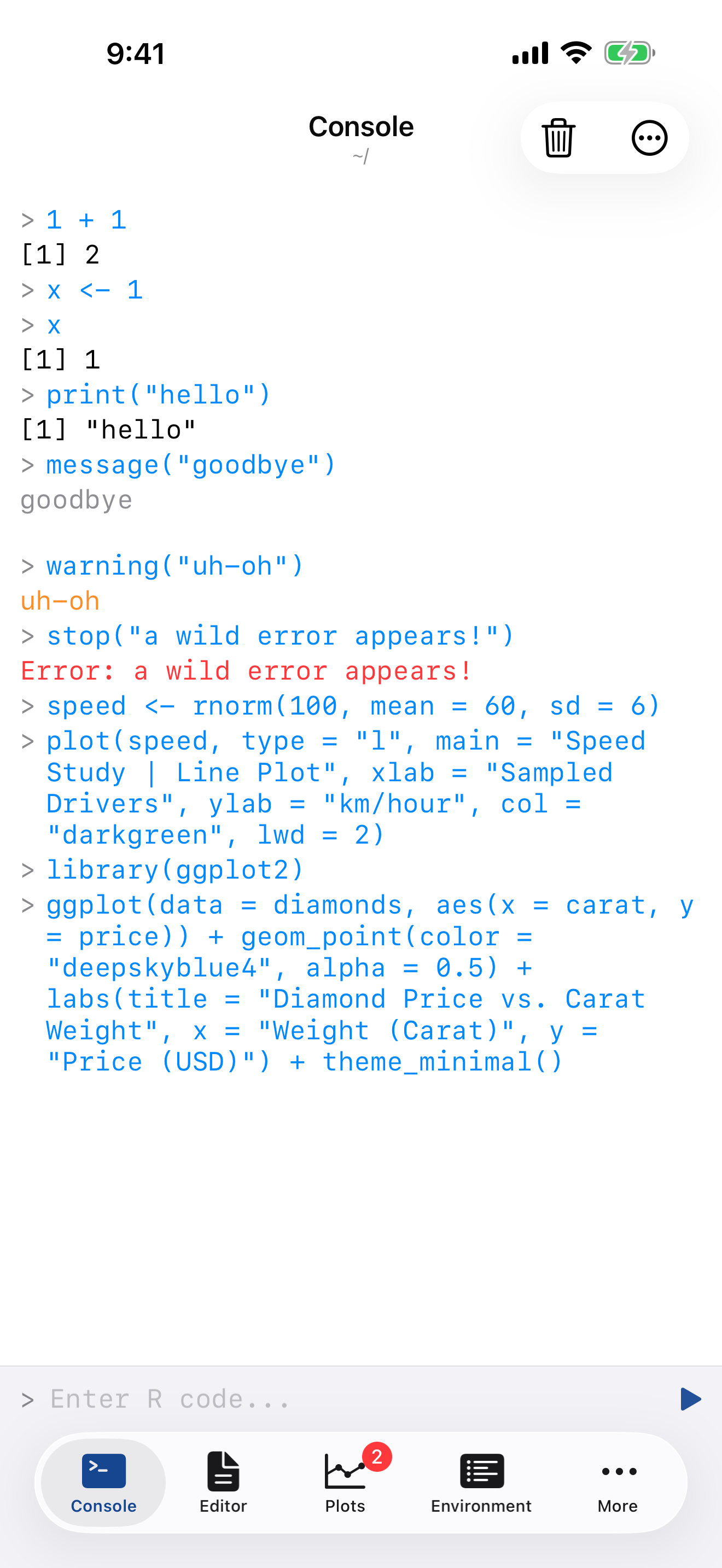 Console with R output
