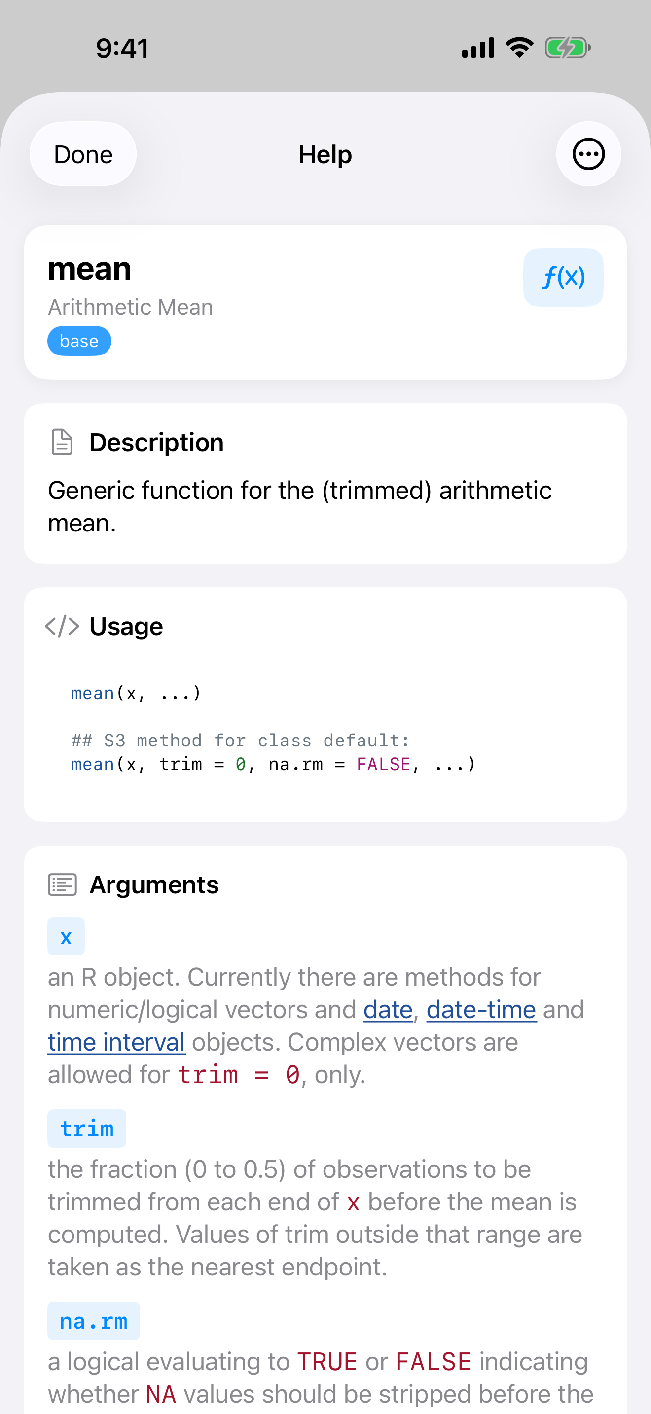 Help page for mean() on iPhone showing title, description, usage, and arguments sections