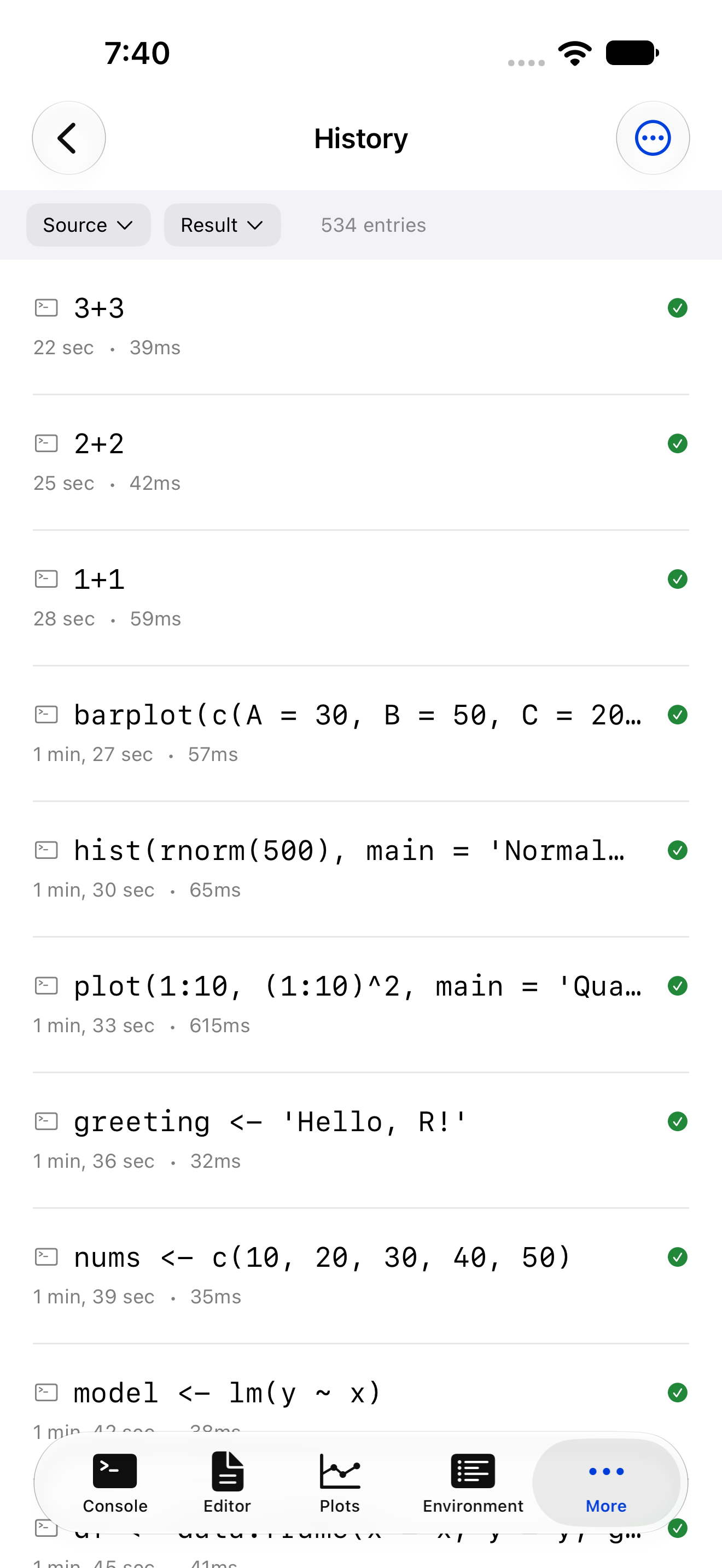 The execution history list on iPhone